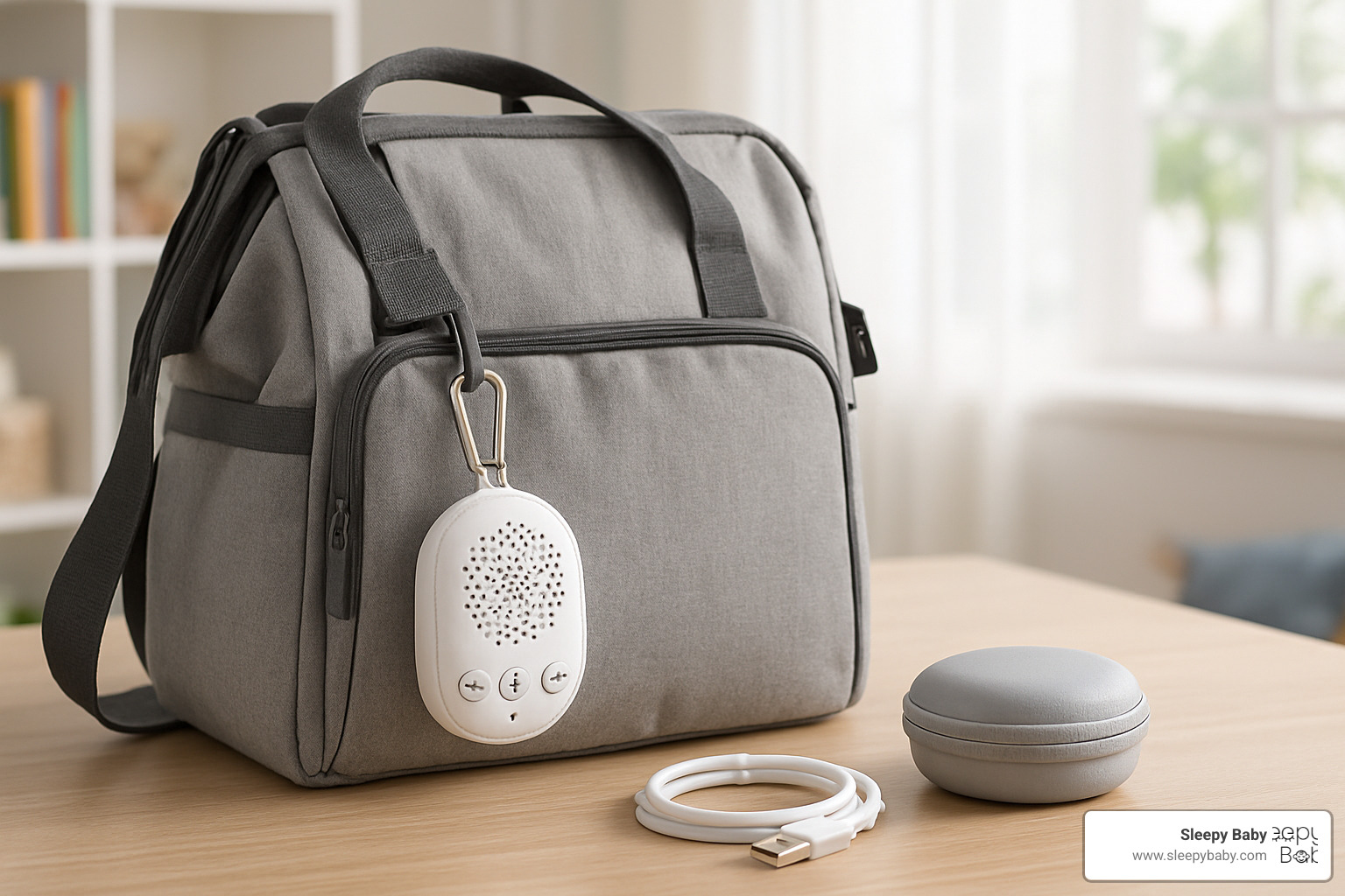 Portable baby sleep aid clipped to a diaper bag with charging cable and travel case organized for easy access - portable baby sleep aid