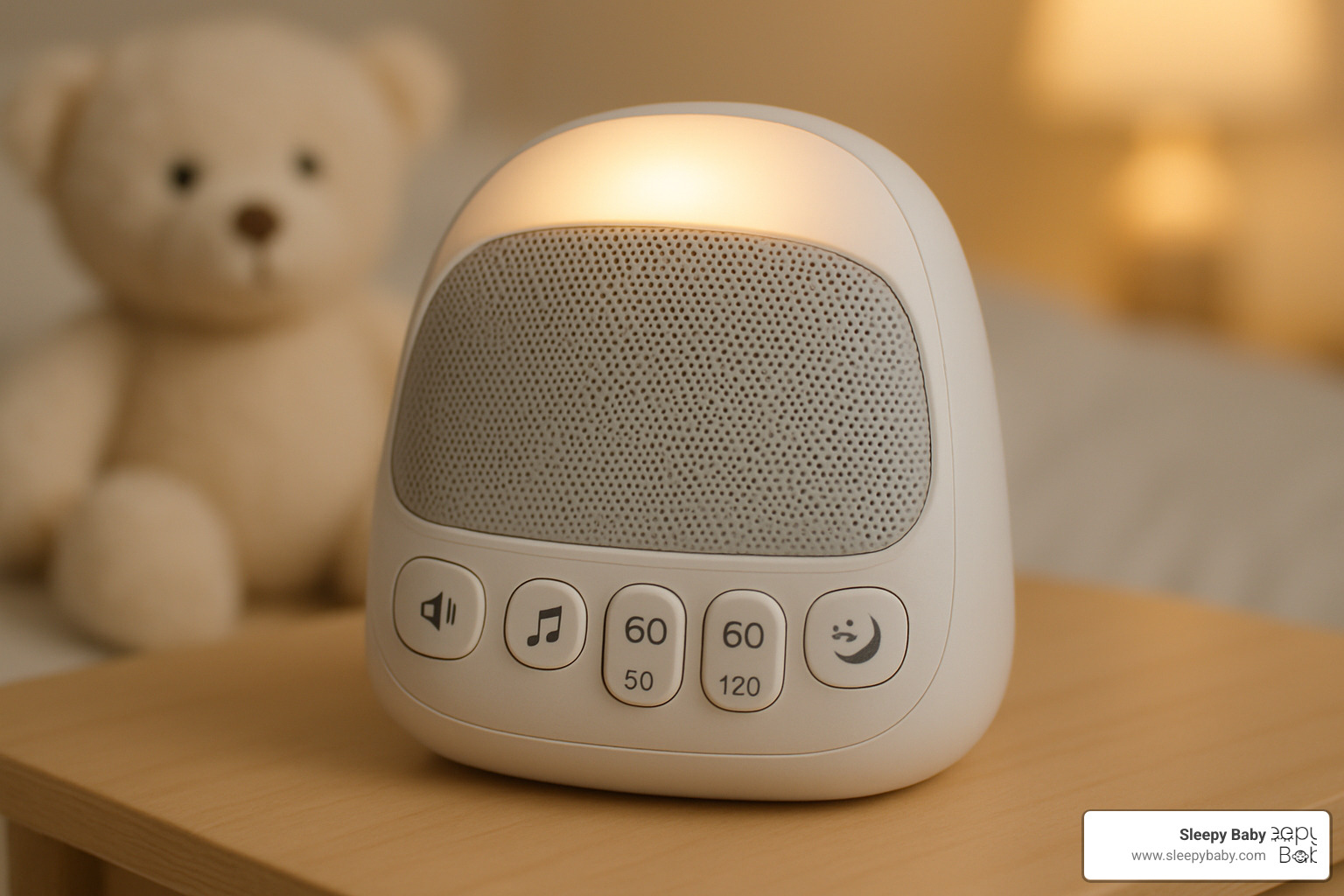 User-friendly control panel of a portable baby sleep aid showing intuitive buttons for volume, sound selection, timer settings, and nightlight controls - portable baby sleep aid