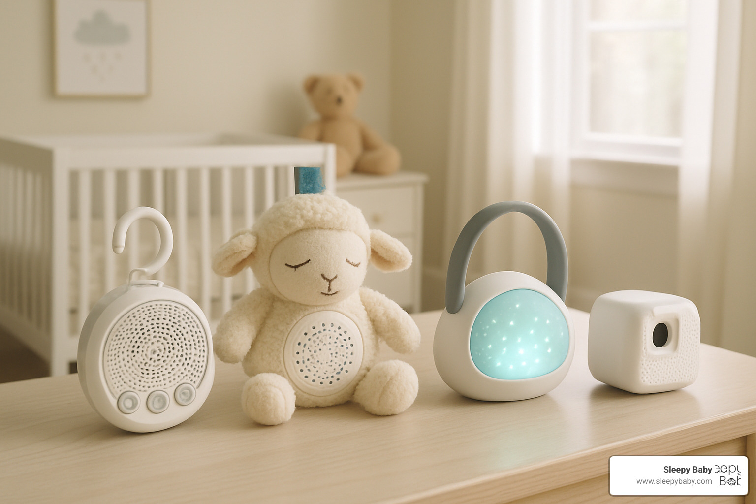 Assorted portable baby sleep aids including clip-on sound machines, plush toys with speakers, stroller attachments, and mini projectors arranged on a nursery table - portable baby sleep aid
