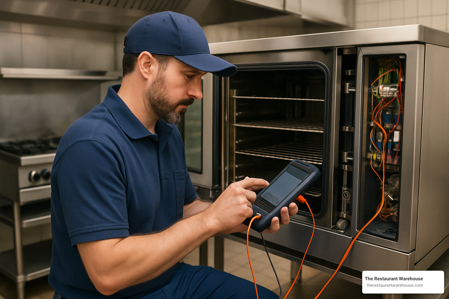 technician performing routine maintenance on commercial oven with diagnostic equipment - wholesale catering equipment