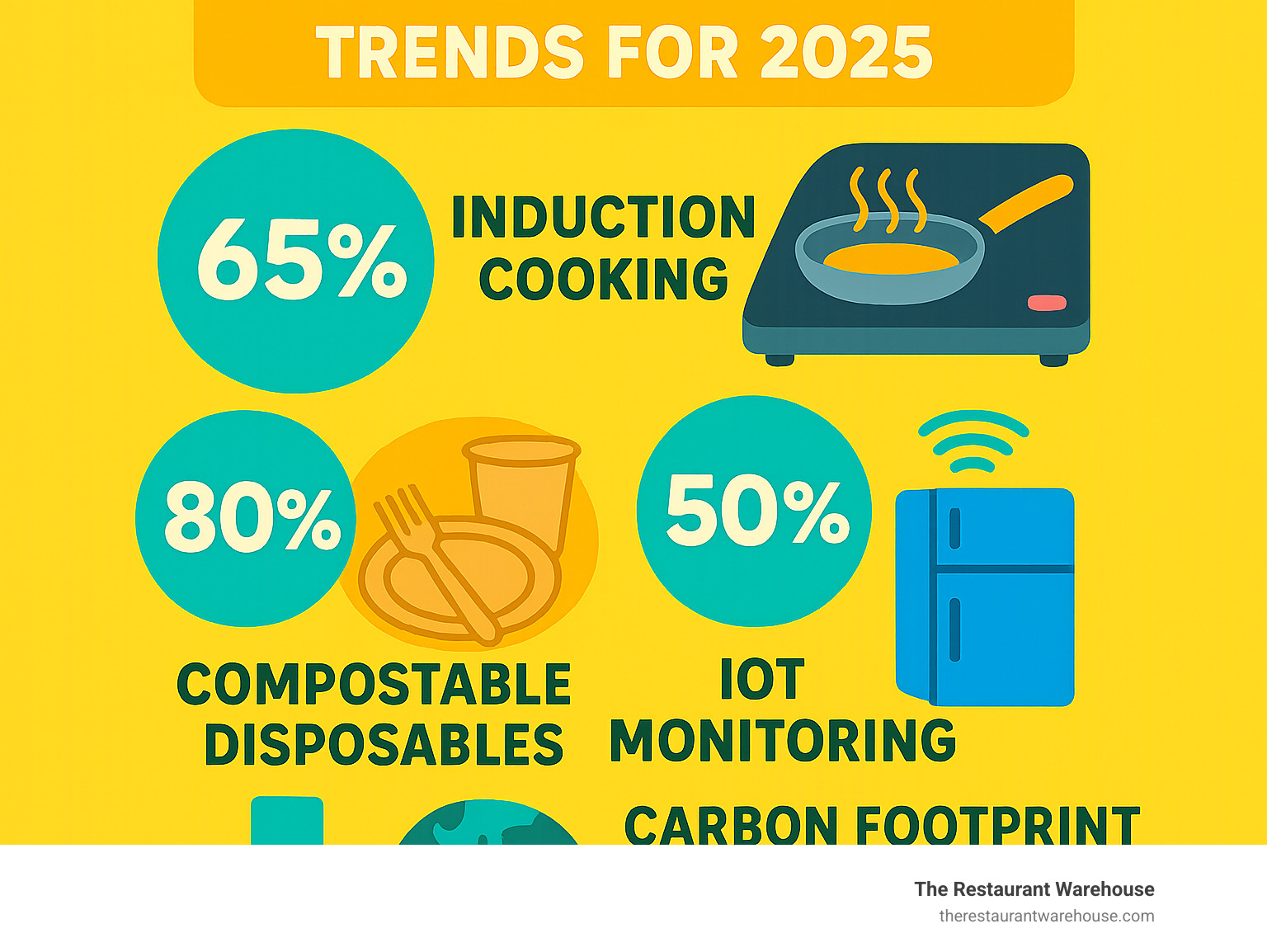 Infographic showing sustainable catering equipment trends for 2025 including percentage adoption of induction cooking, compostable disposables usage, IoT monitoring implementation, and carbon footprint reduction metrics - wholesale catering equipment infographic 