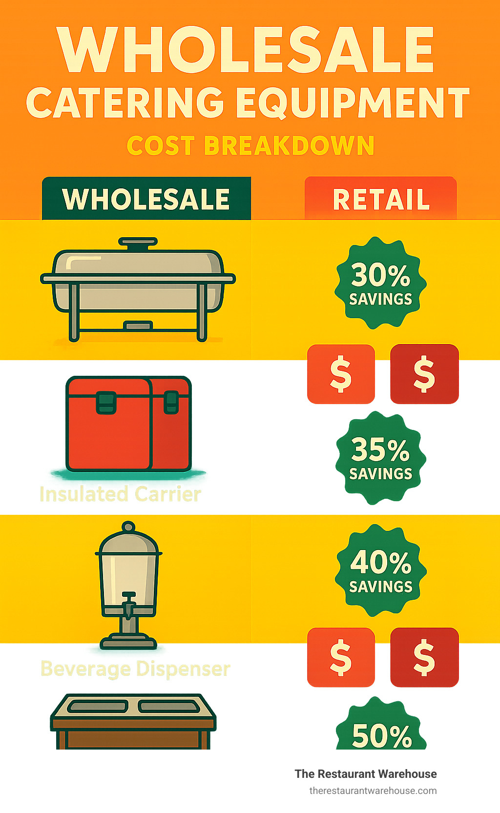 Infographic showing wholesale vs retail cost breakdown for common catering equipment including chafing dishes, insulated carriers, beverage dispensers, and buffet stations with percentage savings ranging from 30-50% when buying wholesale - wholesale catering equipment infographic 