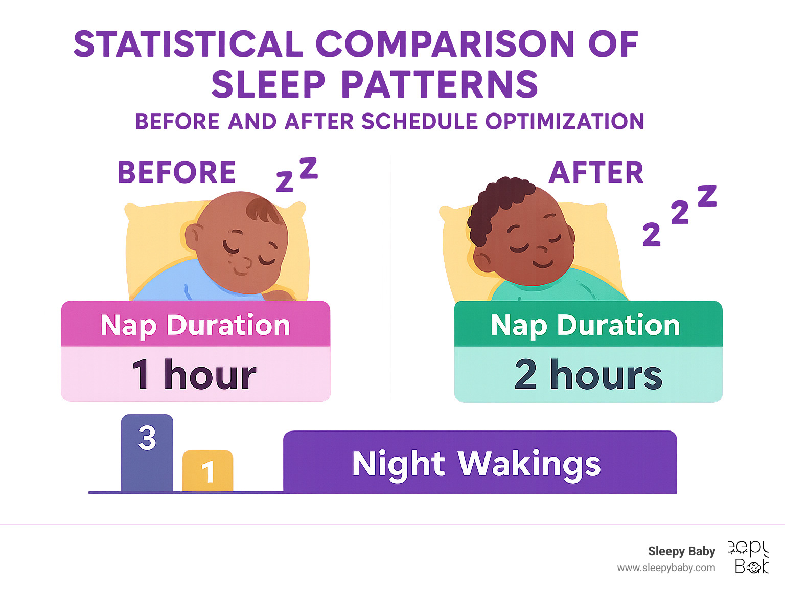 Statistical comparison of sleep patterns before and after schedule optimization showing improved nap duration and reduced night wakings - 6 month old nap schedule infographic 