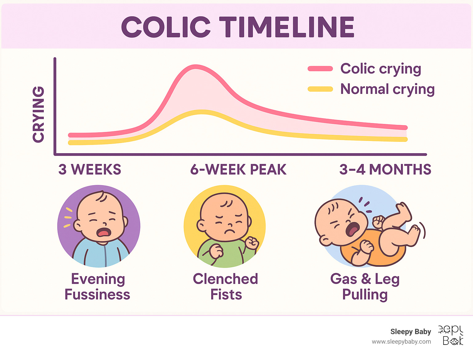 Infographic showing colic timeline from 3 weeks onset through 6-week peak to 3-4 month resolution, with normal crying patterns for comparison and key symptoms like evening fussiness, clenched fists, and gas-related leg pulling - best way to soothe a baby with colic infographic 