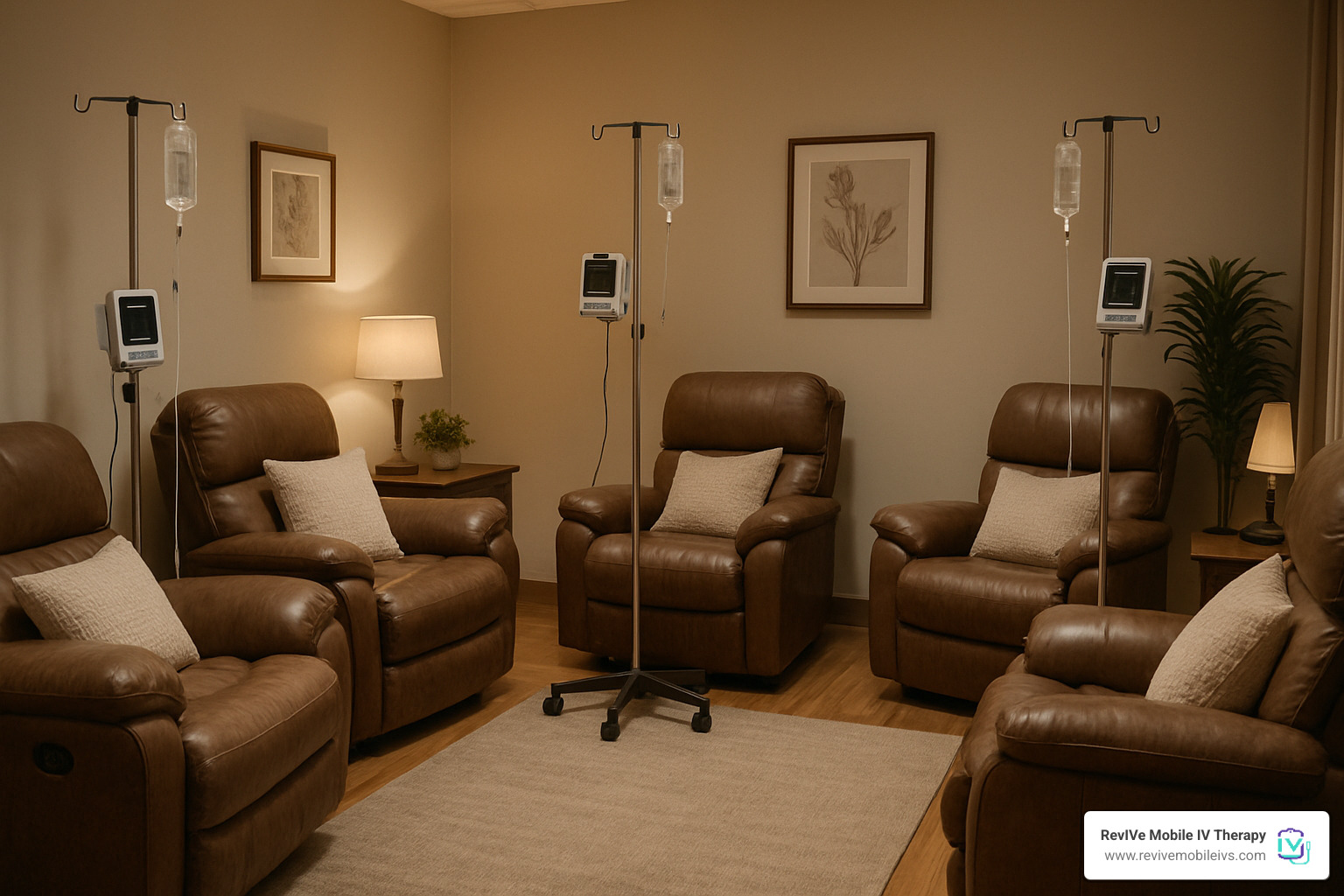 cozy IV drip lounge with comfortable seating and professional medical equipment - hydration center