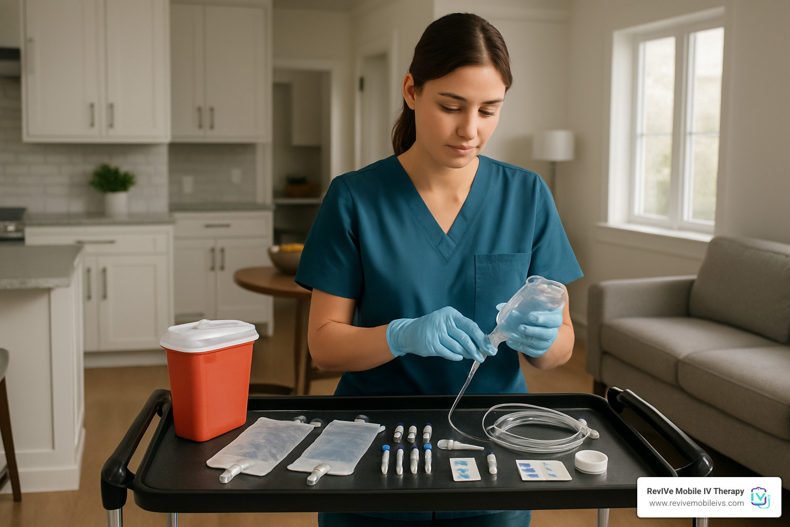 nurse preparing mobile IV therapy kit with professional medical supplies - hydration center