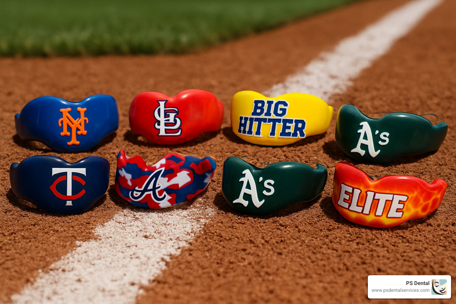 Various colorful mouth guards showing team colors, logos, and custom designs available for baseball players - mouth guard for baseball