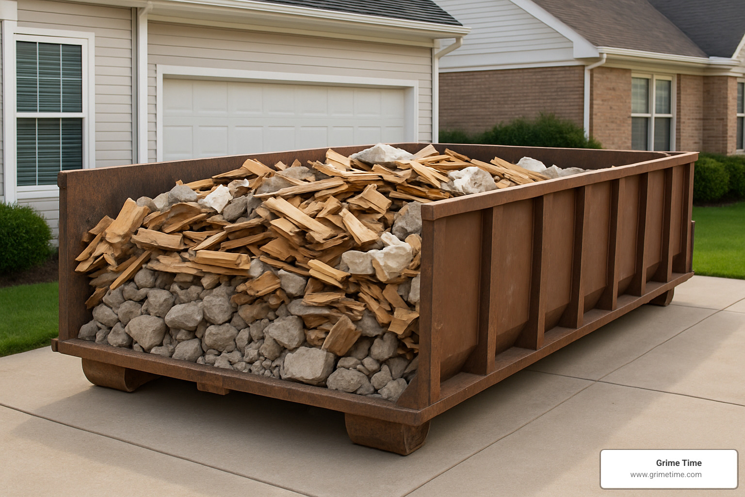 Properly loaded dumpster showing even weight distribution and debris below container walls - dumpster rental austin