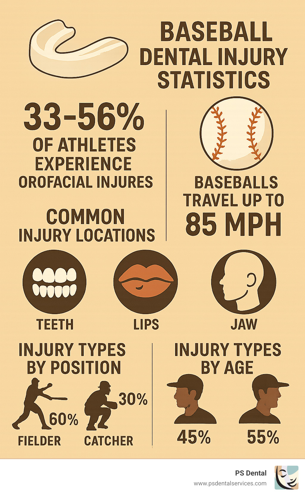 Infographic showing baseball dental injury statistics: 33-56% of athletes experience orofacial injuries, baseballs travel up to 85 mph, common injury locations include teeth, lips, and jaw, with breakdown of injury types by baseball position and age group - mouth guard for baseball infographic 