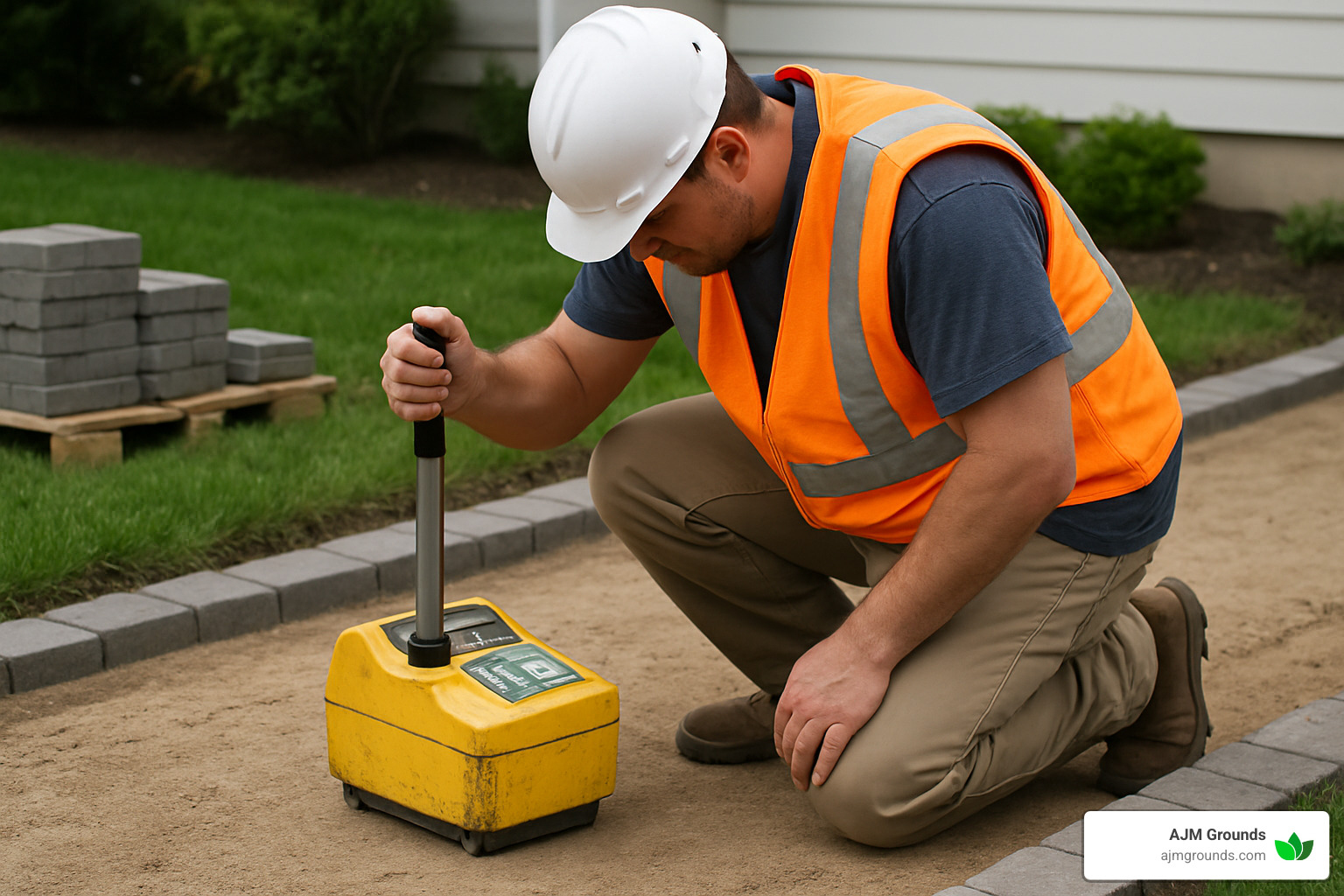 Professional walkway installer performing quality compaction testing with specialized equipment - Walkway Installers