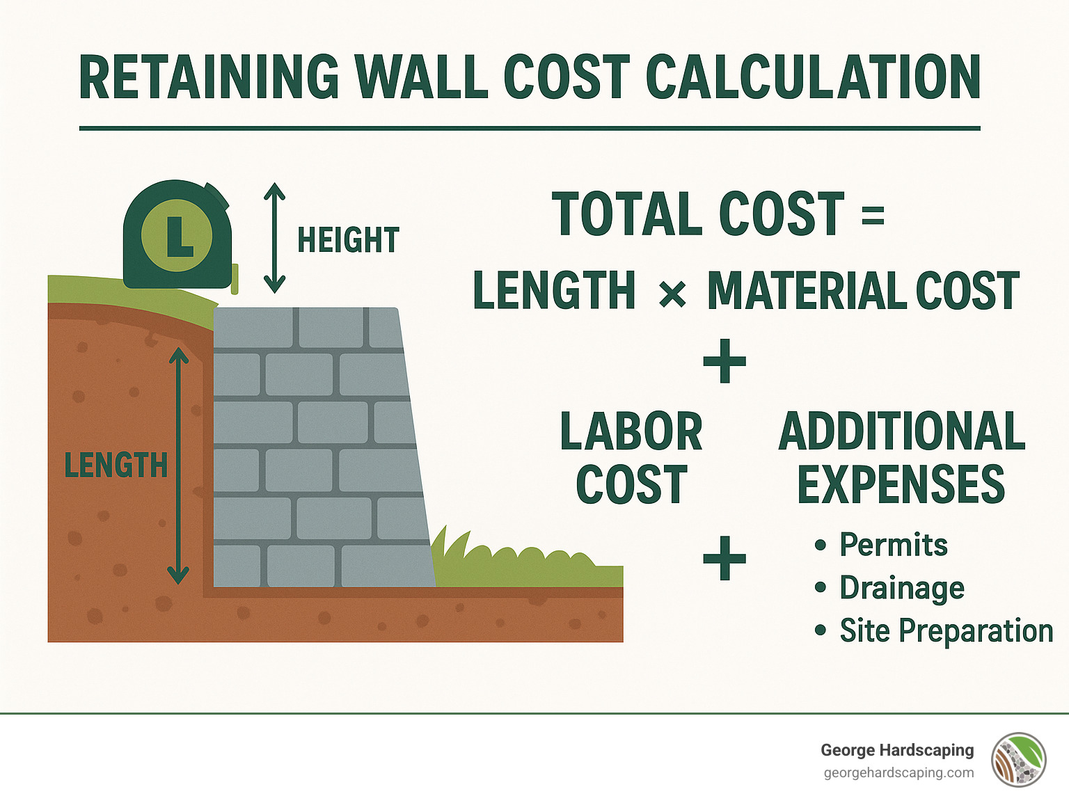 Infographic showing retaining wall cost calculation: Total Cost equals Length times Height times Material Cost plus Labor Cost plus Additional Expenses like permits, drainage, and site preparation - how much for retaining wall installation infographic 