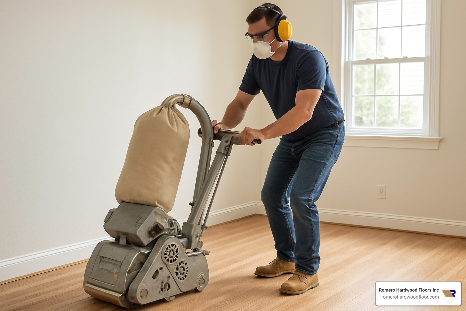Proper drum sander stance showing correct body position, hand placement, and movement technique for safe and effective sanding - hardwood floors sanding