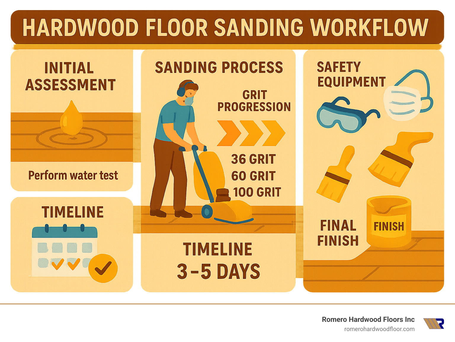 Detailed infographic showing the complete hardwood floor sanding workflow from initial assessment through final finish application, including grit progression, safety equipment, and timeline - hardwood floors sanding infographic 