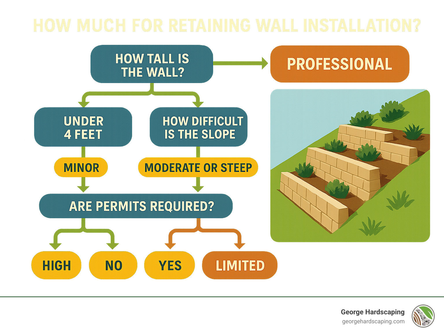 Infographic showing DIY vs Professional decision tree with factors like wall height, slope difficulty, permit requirements, and skill level - how much for retaining wall installation infographic 
