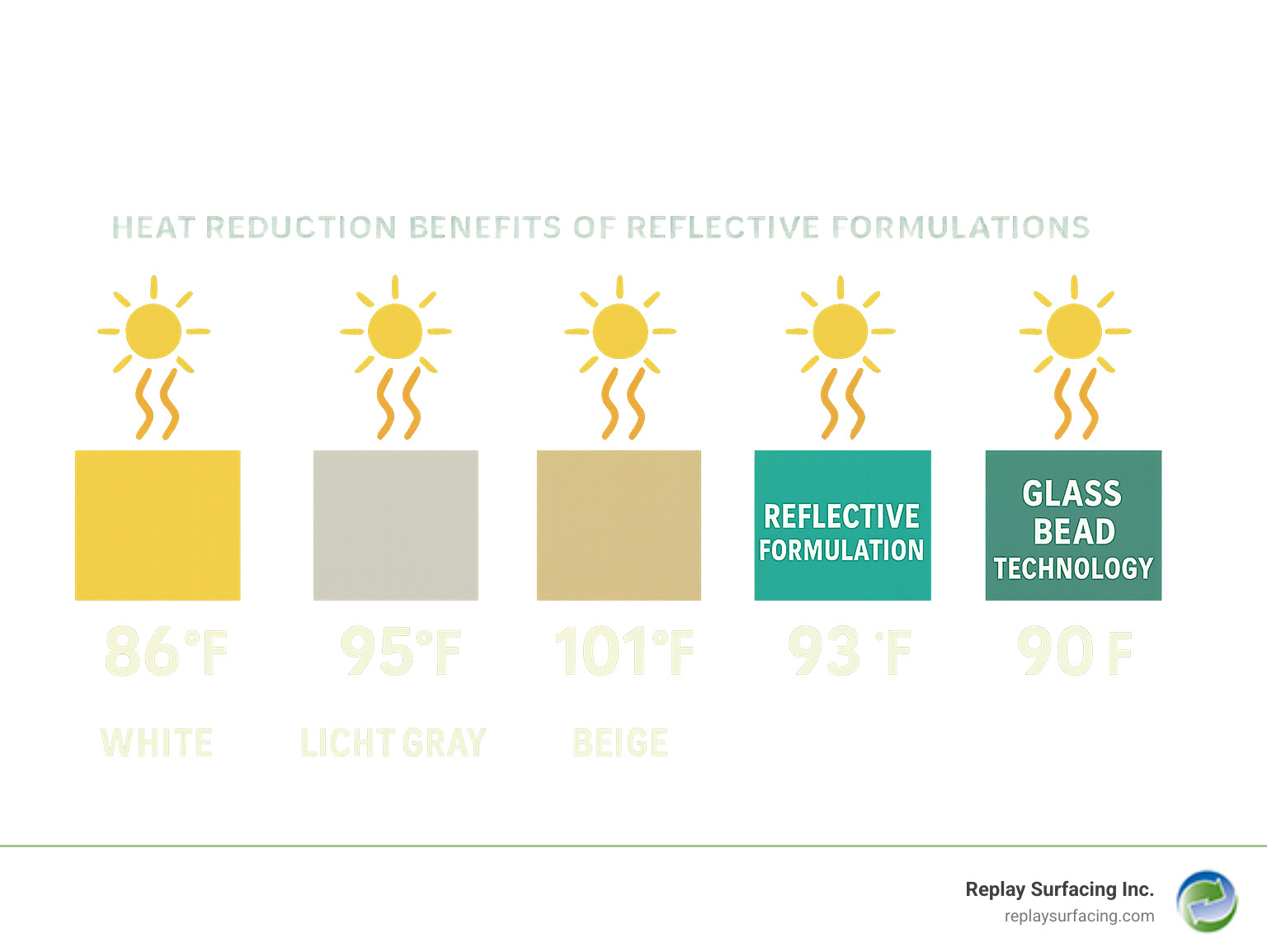Infographic comparing surface temperatures of different rubber coating colors and technologies, showing heat reduction benefits of reflective formulations - rubber coating for concrete pool decks infographic 