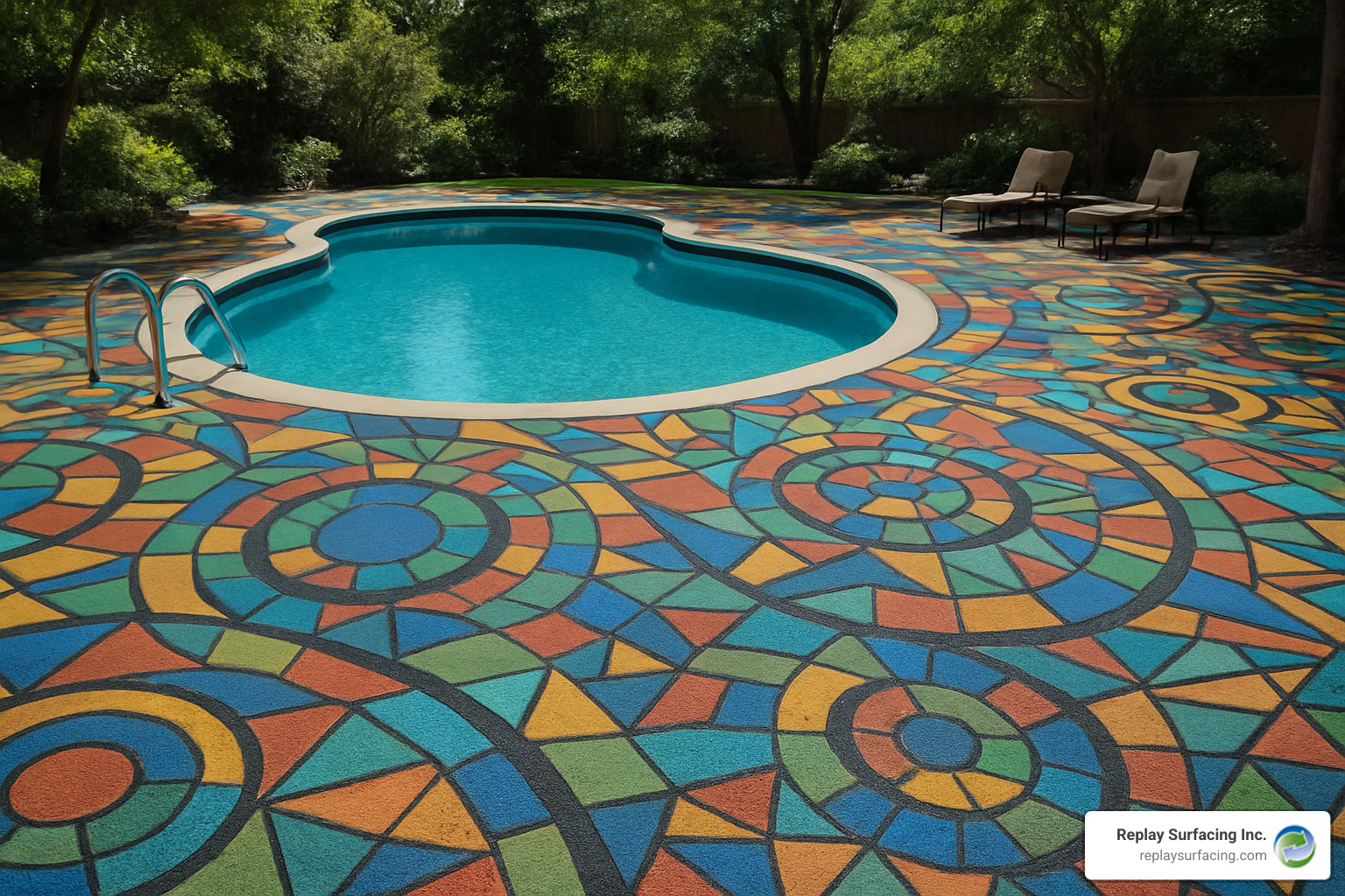 Stunning mosaic-style pool deck featuring custom color blends in geometric patterns, showcasing the artistic possibilities of rubber coating systems - rubber coating for concrete pool decks
