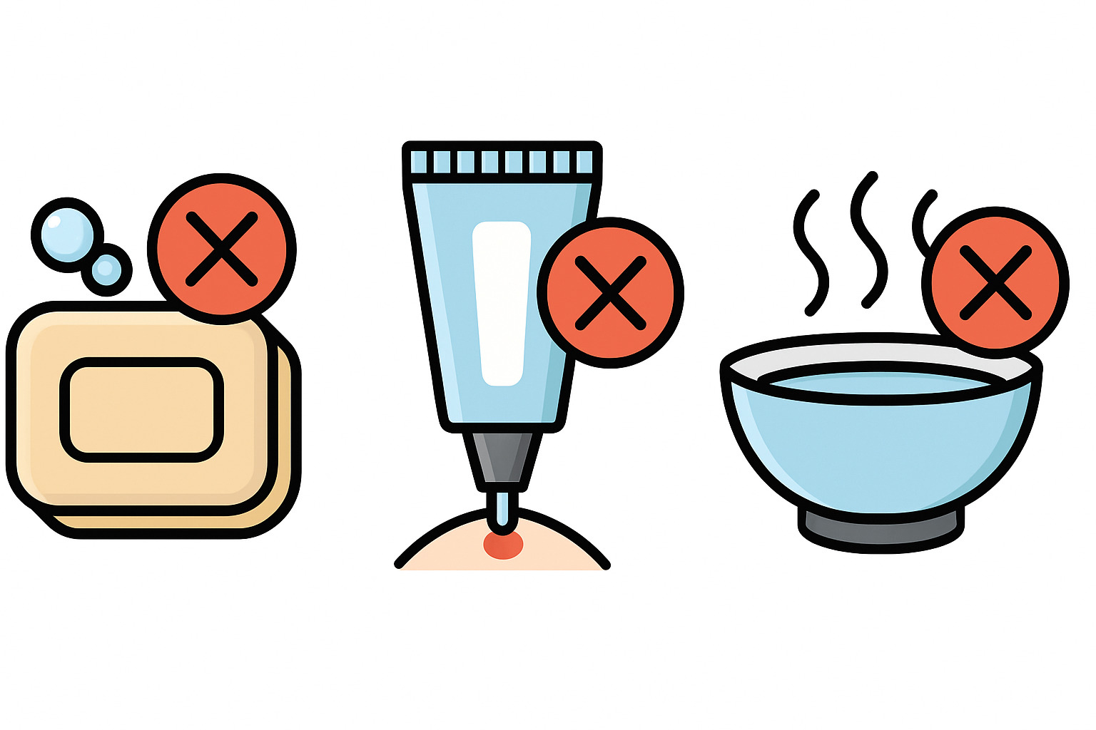 Myth-busting icons showing crossed out harmful practices like using soap on face, toothpaste on pimples, and hot water for cleansing - beauty tips for clear and glowing skin in hindi