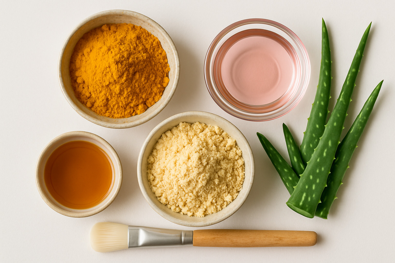 DIY face pack ingredients including turmeric, gram flour, honey, aloe vera, and rose water arranged beautifully - beauty tips for clear and glowing skin in hindi