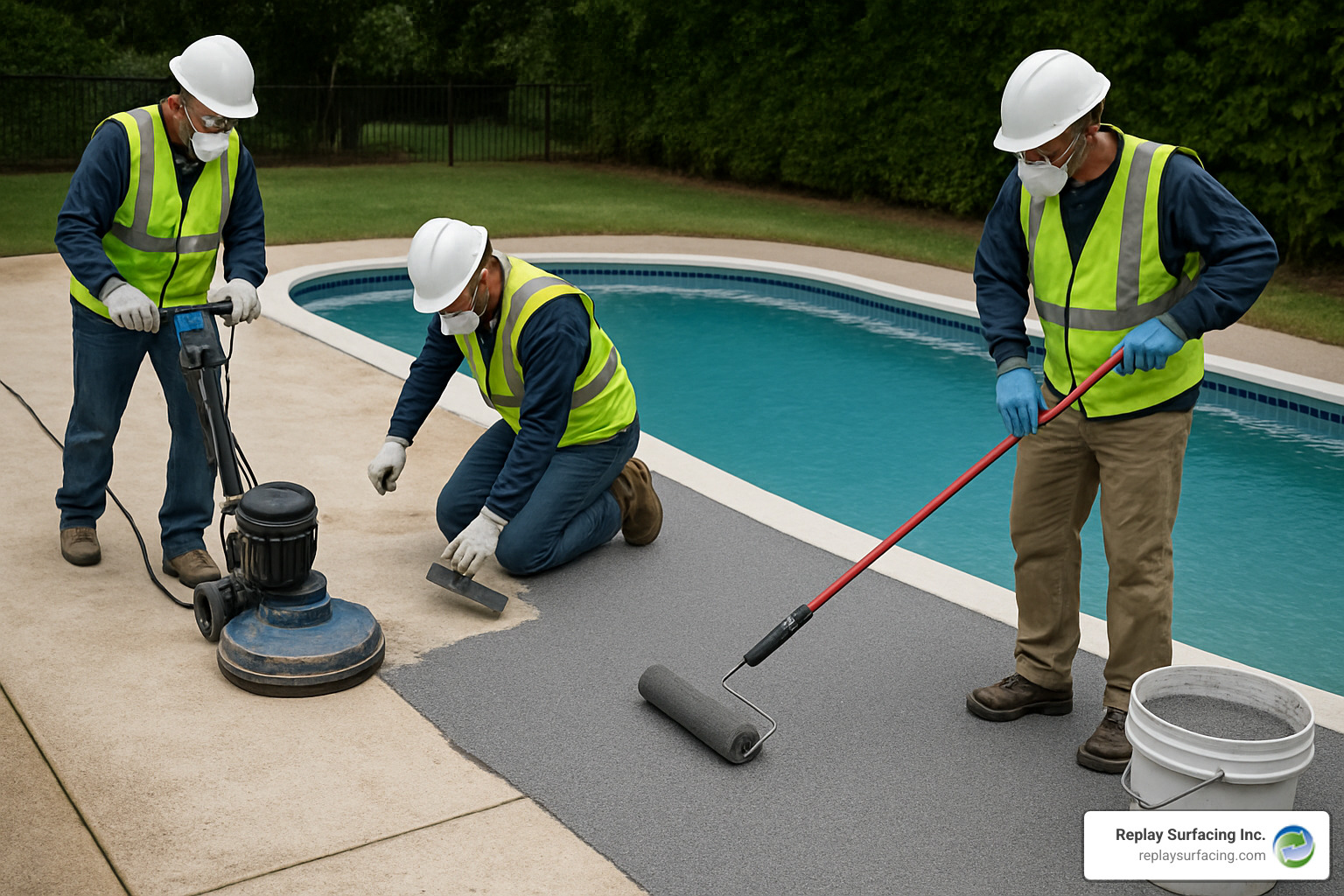 Professional installation team applying rubber coating to concrete pool deck, showing proper surface preparation and application techniques - rubber coating for concrete pool decks