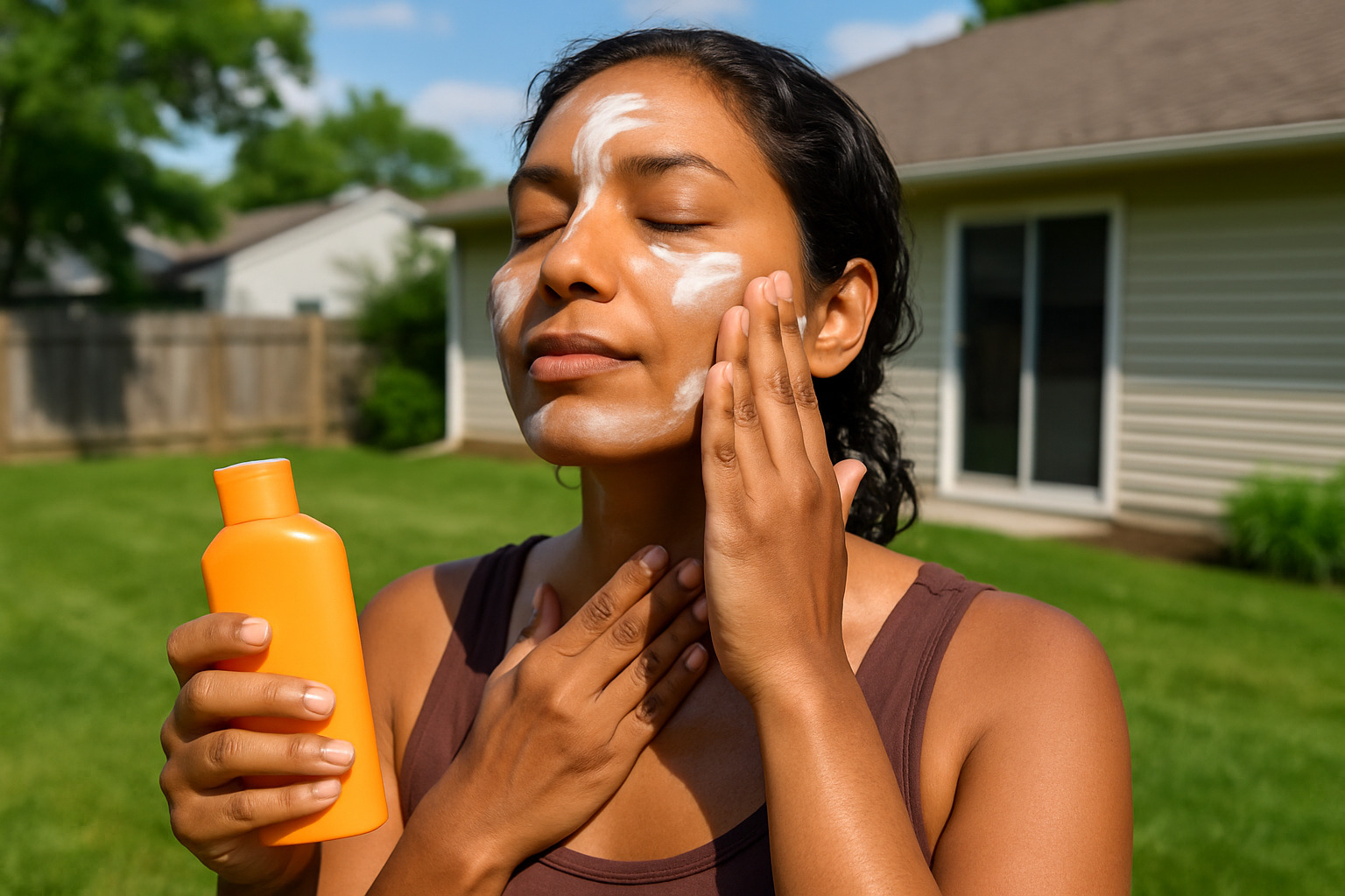 Person applying sunscreen correctly on face and neck in natural lighting - beauty tips for clear and glowing skin in hindi