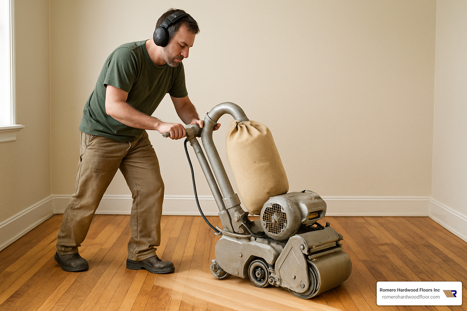 Complete tool layout showing drum sander, edge sander, safety equipment, sandpaper grits, and finishing materials organized on a work surface - hardwood floors sanding