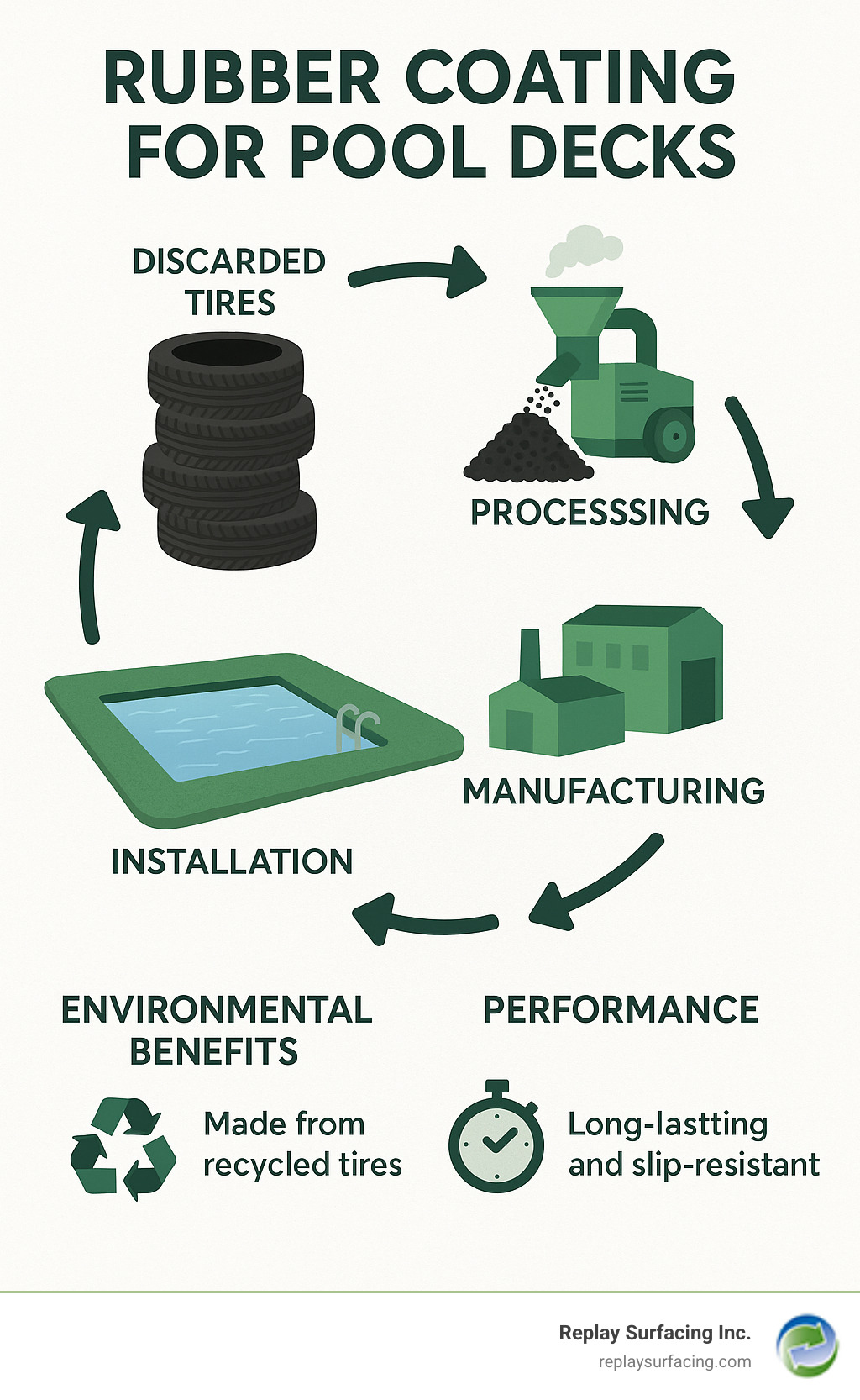 Infographic showing the complete lifecycle from discarded tires through processing, manufacturing, and installation as durable pool deck coating, highlighting environmental benefits and performance metrics - rubber coating for concrete pool decks infographic 