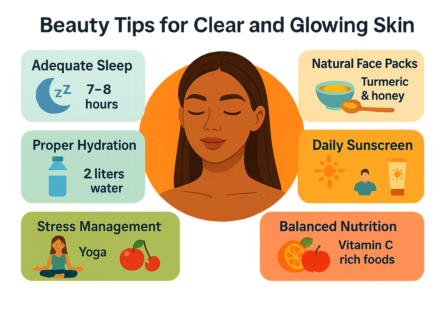 Infographic showing the 6 key factors for glowing skin: adequate sleep (7-8 hours), proper hydration (2 liters water), natural face packs with turmeric and honey, daily sunscreen application, stress management through yoga, and balanced nutrition with vitamin C rich foods - beauty tips for clear and glowing skin in hindi infographic 