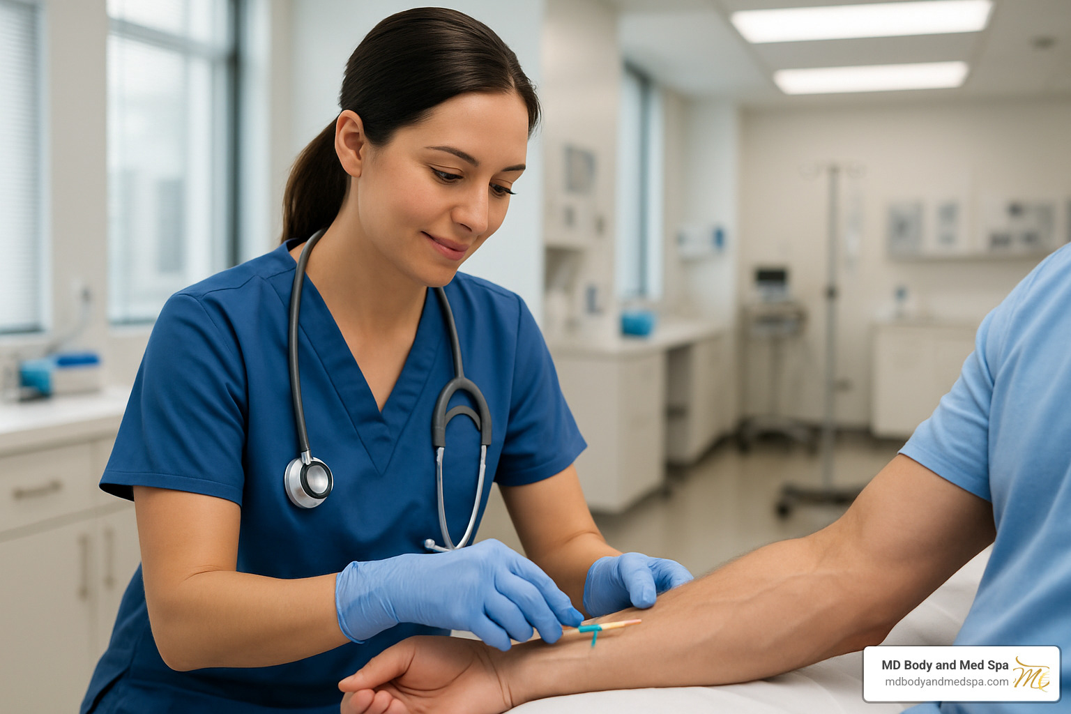 nurse inserting iv catheter - iv bar