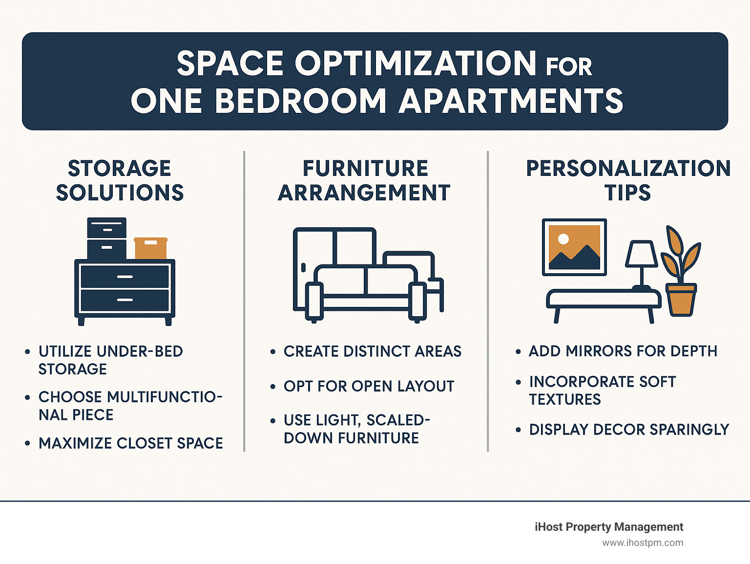 Infographic showing space optimization techniques for one bedroom apartments, including storage solutions, furniture arrangement, and personalization tips - furnished one bedroom apartments infographic 