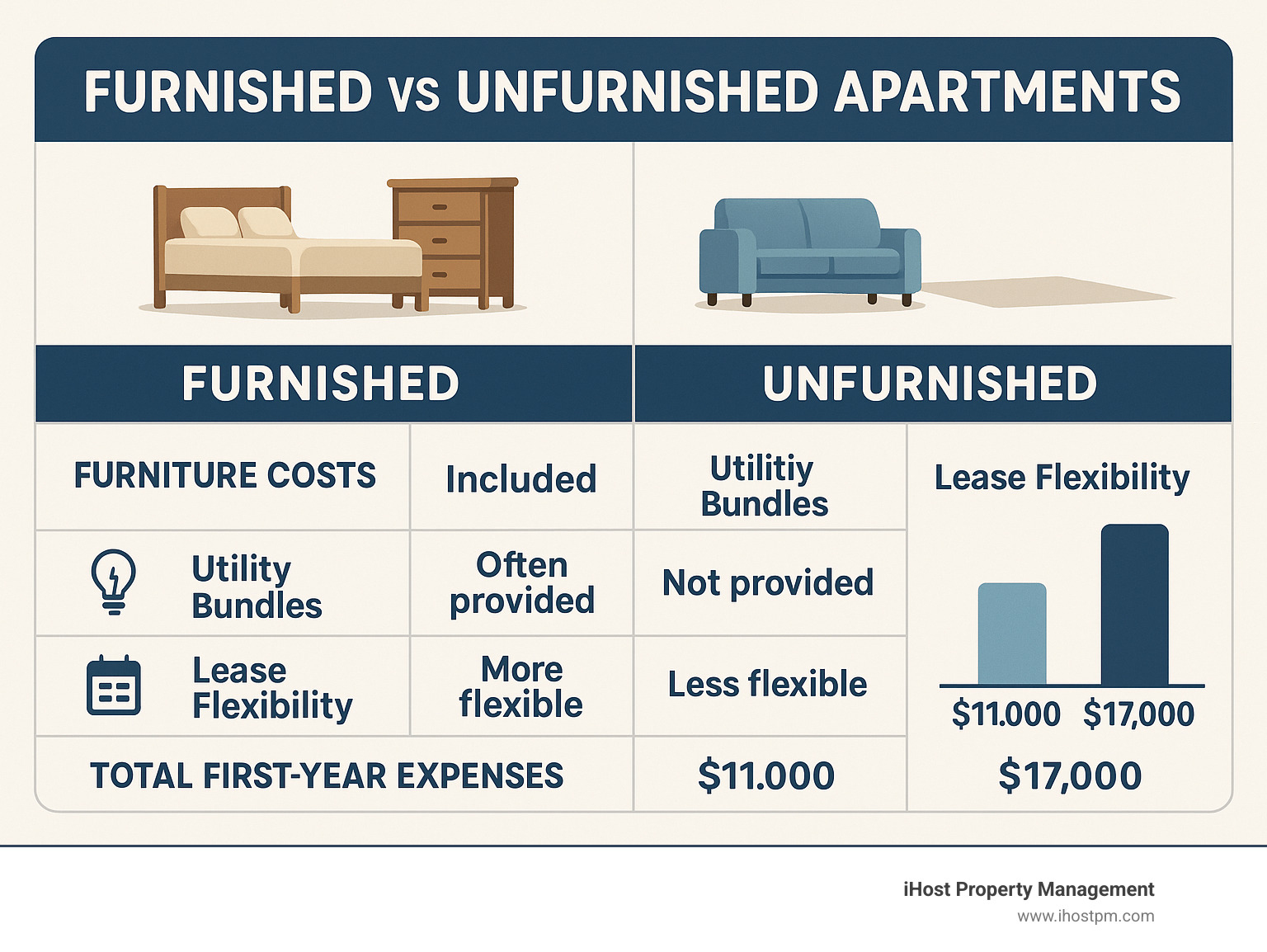 Infographic showing cost comparison between furnished vs unfurnished apartments, including furniture costs, utility bundles, lease flexibility, and total first-year expenses - furnished one bedroom apartments infographic 