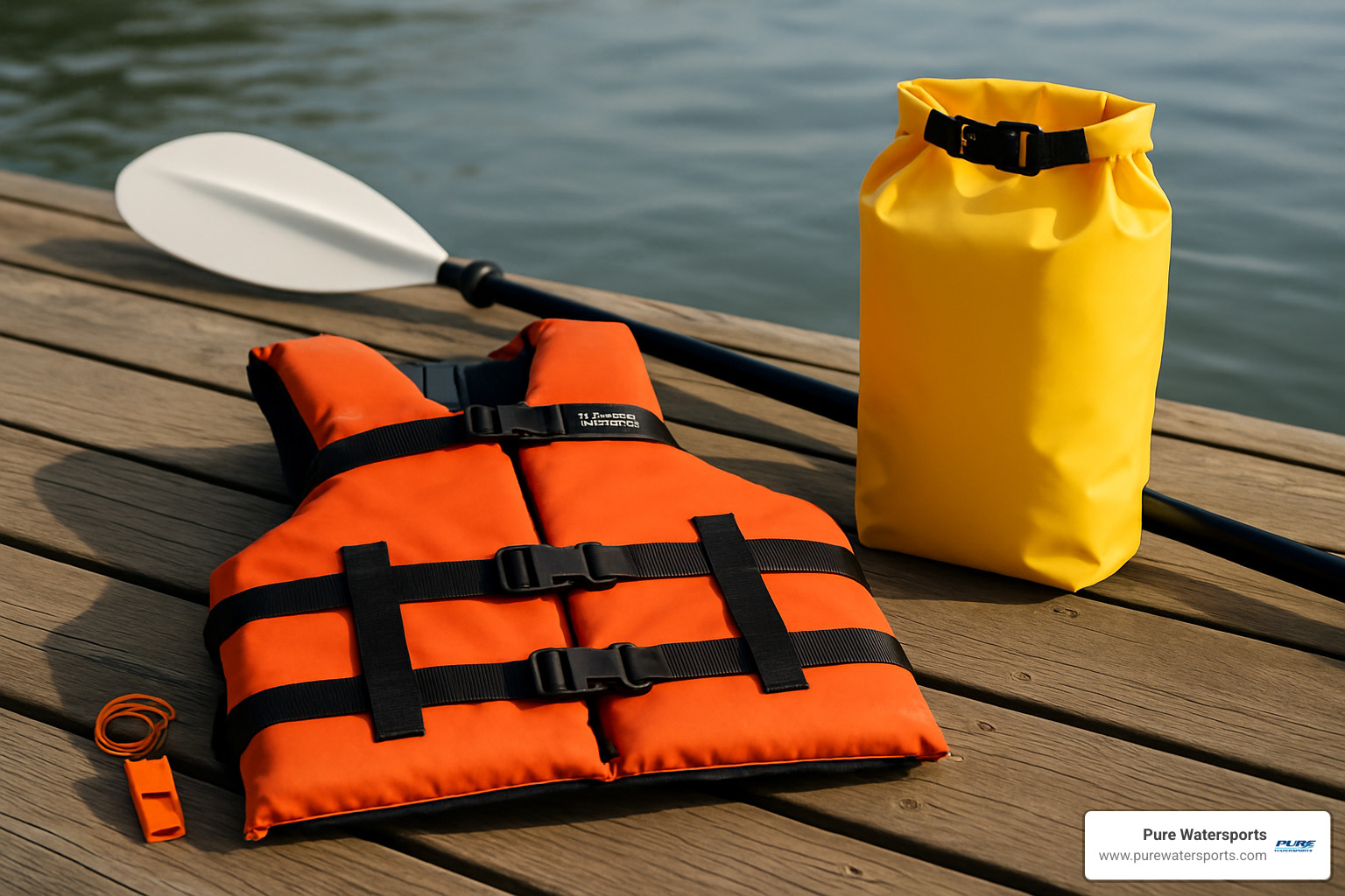 Essential paddling safety gear laid out including life jacket, paddle, whistle, and dry bag - canoe kayak rental near me