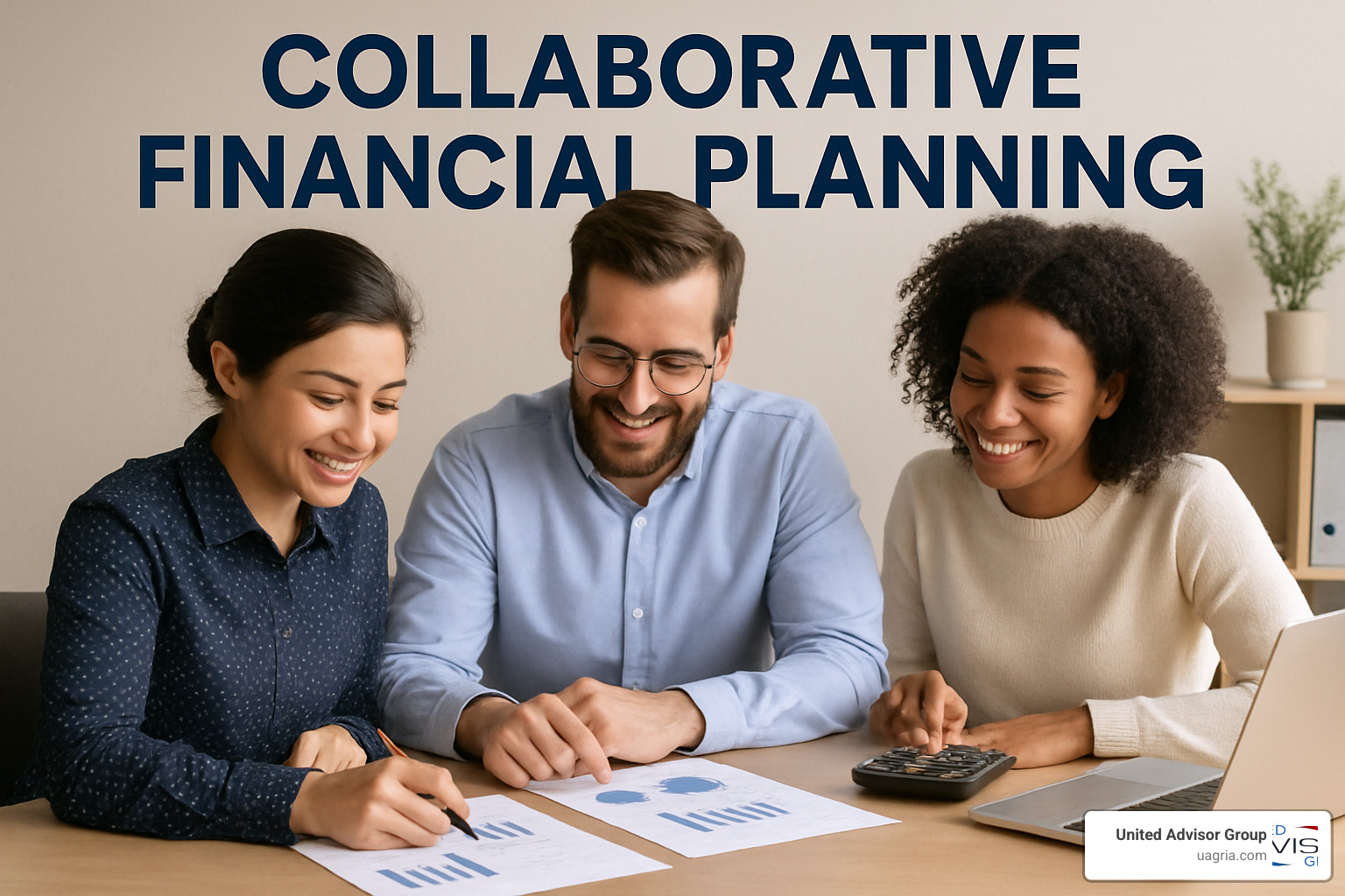Virtual collaborative financial planning meeting showing advisor and clients reviewing scenarios on shared screen - collaborative financial planning