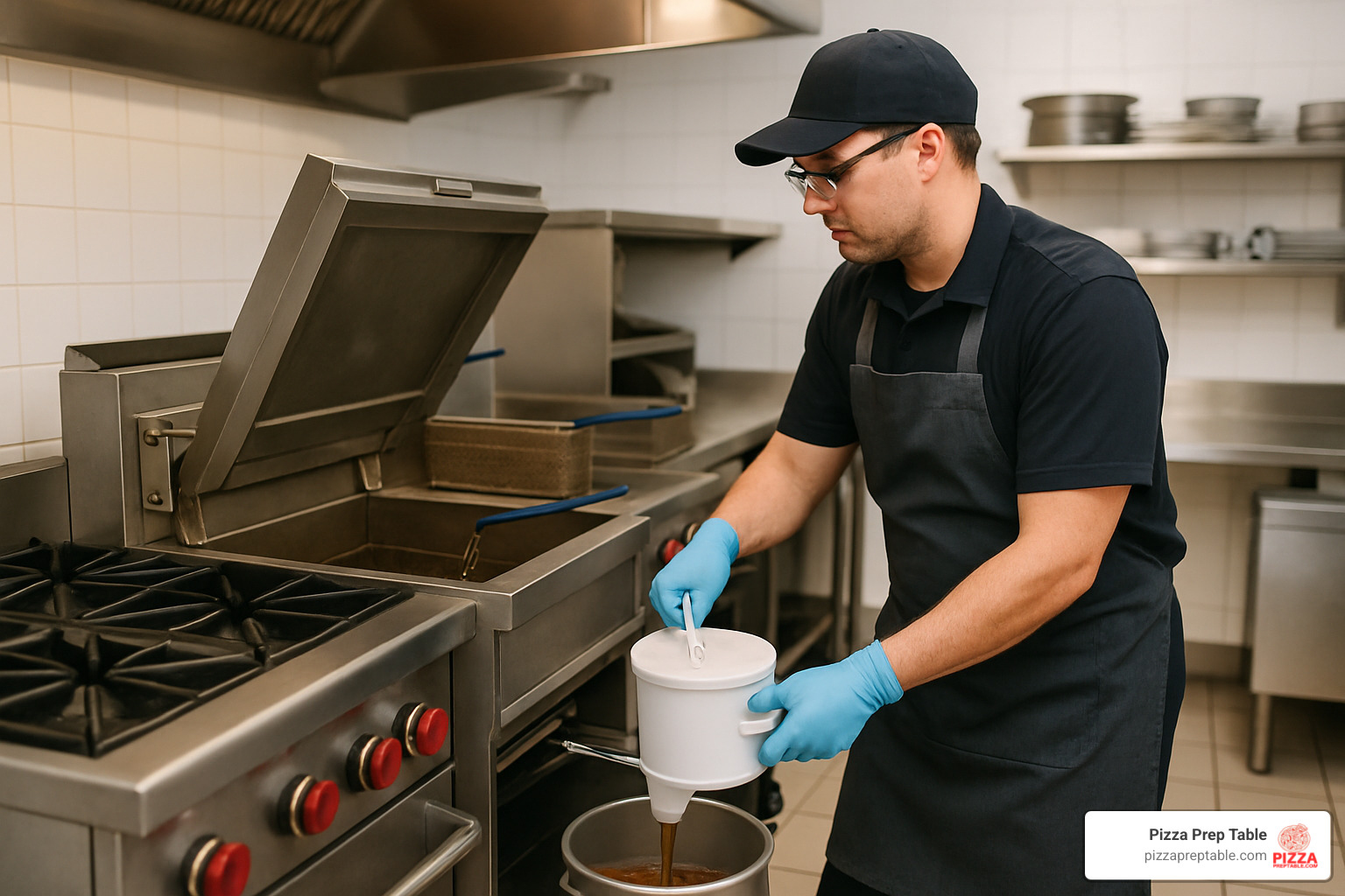 technician filtering oil in commercial kitchen - commercial gas deep fryer