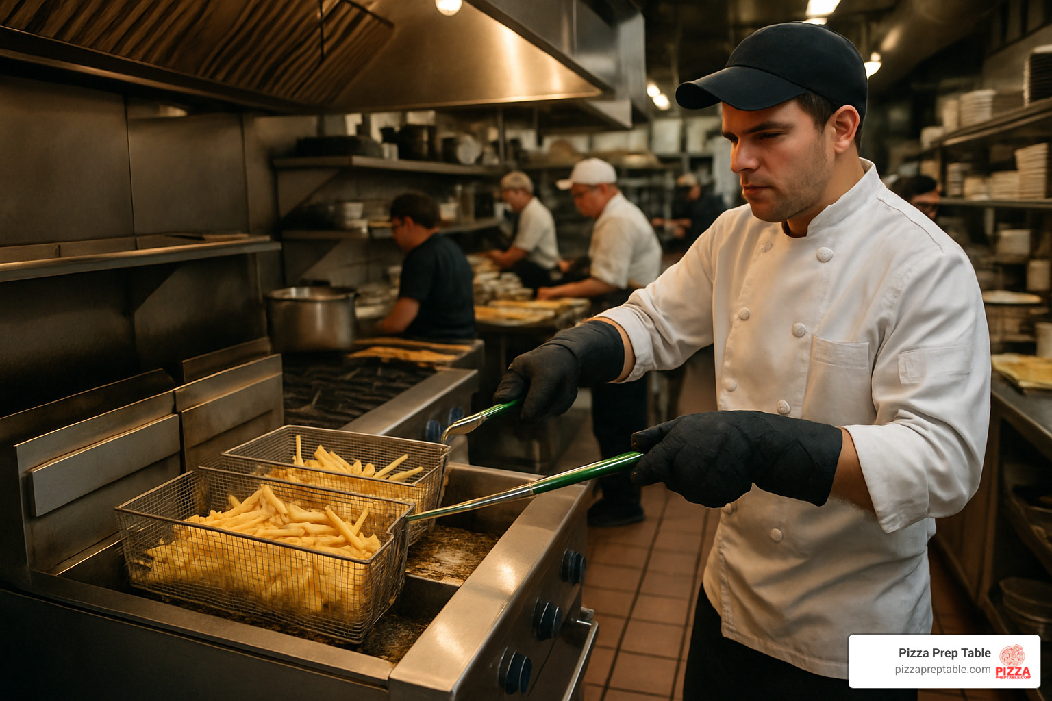 busy line cook dropping baskets in commercial gas deep fryer - commercial gas deep fryer