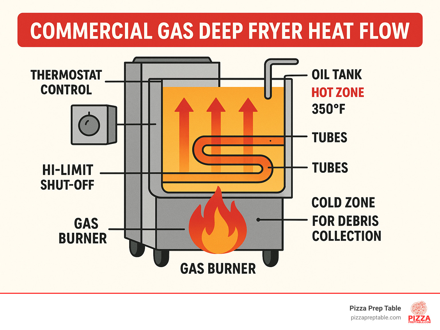 Infographic showing commercial gas deep fryer heat flow process from gas burner through tubes to oil tank, with temperature zones and safety features labeled including thermostat control, hi-limit shut-off, and cold zone for debris collection - commercial gas deep fryer infographic 