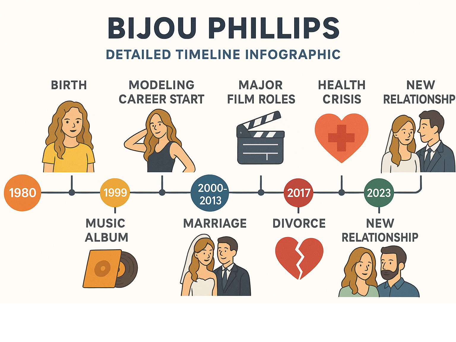 detailed timeline infographic showing Bijou Phillips major life events from 1980 birth through 2024, including modeling career start 1993, music album 1999, major film roles 2000-2013, marriage 2011, health crisis 2017, divorce 2023, and new relationship 2024 - bijou phillips infographic detailed timeline infographic showing Bijou Phillips major life events from 1980 birth through 2024, including modeling career start 1993, music album 1999, major film roles 2000-2013, marriage 2011, health crisis 2017, divorce 2023, and new relationship 2024 - bijou phillips infographic