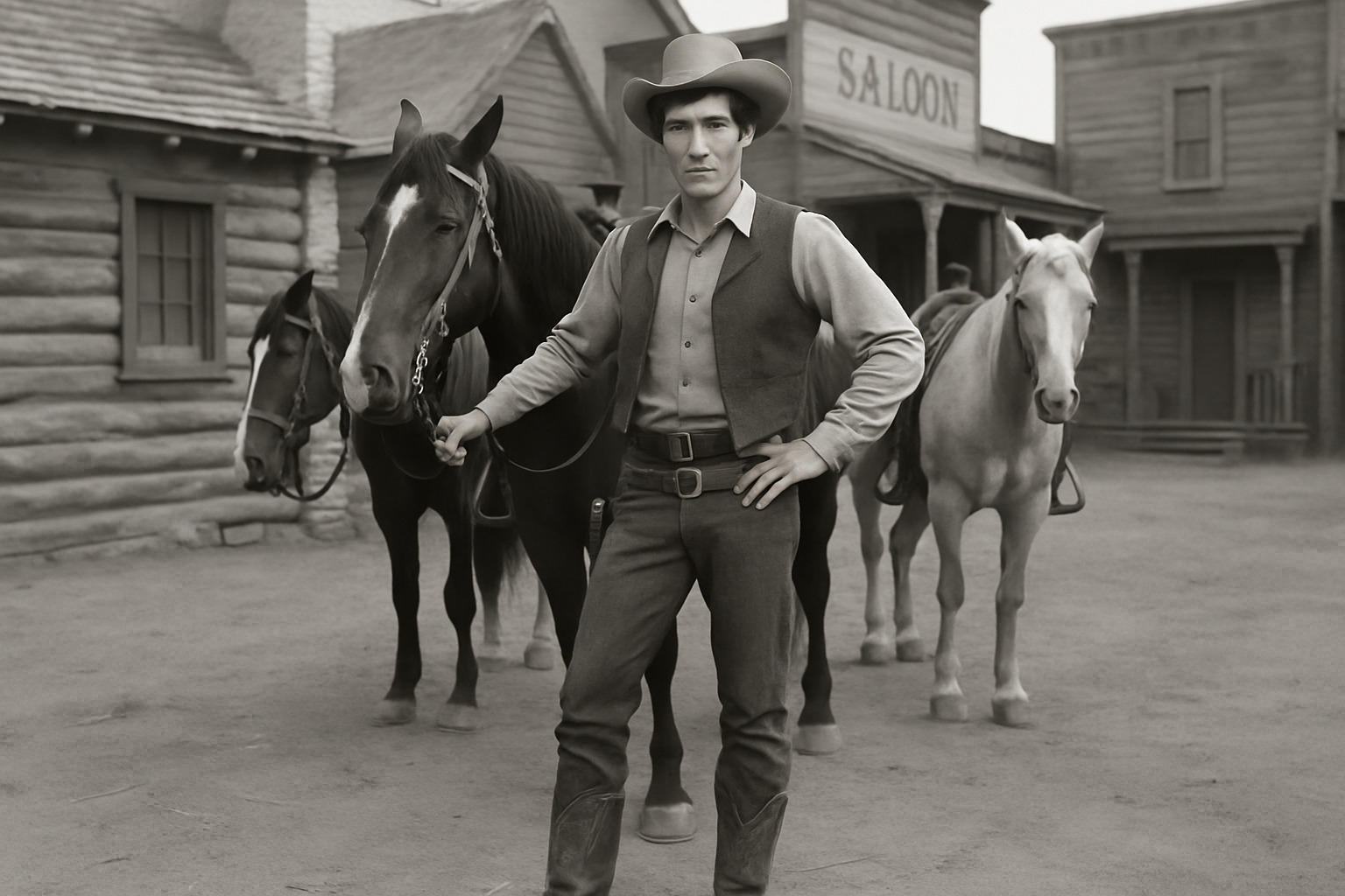 Young Robert Fuller on a Western TV set in the 1950s, wearing cowboy attire and standing next to horses - robert fuller