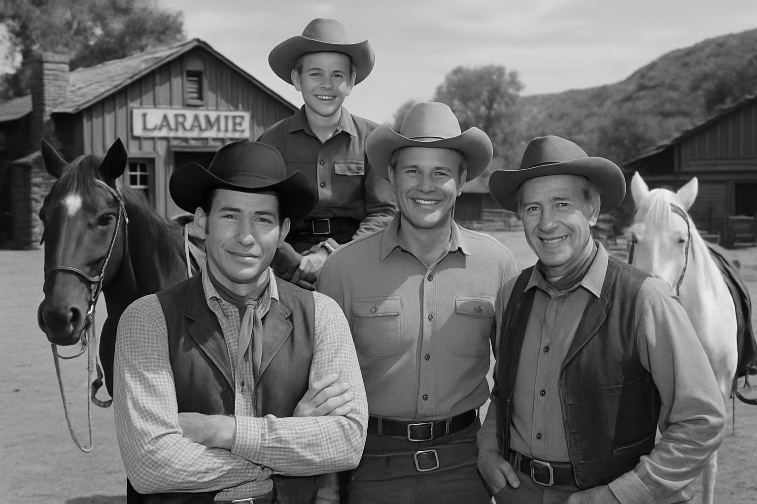 The cast of Laramie posing together on the Western set, with Robert Fuller prominently featured as Jess Harper - robert fuller