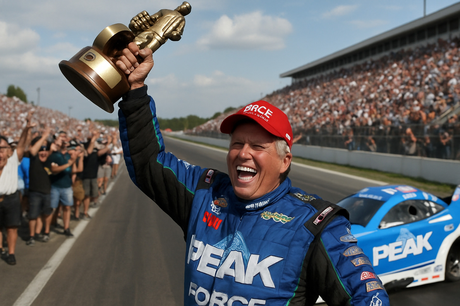 John Force celebrating with his iconic Wally trophy after another NHRA victory - john force John Force celebrating with his iconic Wally trophy after another NHRA victory - john force