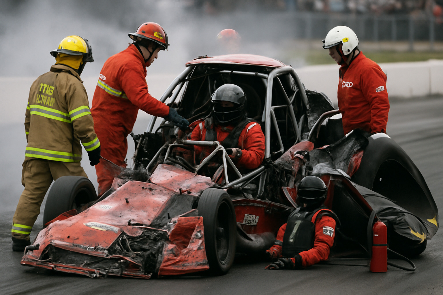 Dramatic image showing the aftermath of a high-speed Funny Car crash, highlighting the safety equipment that protects drivers - john force Dramatic image showing the aftermath of a high-speed Funny Car crash, highlighting the safety equipment that protects drivers - john force