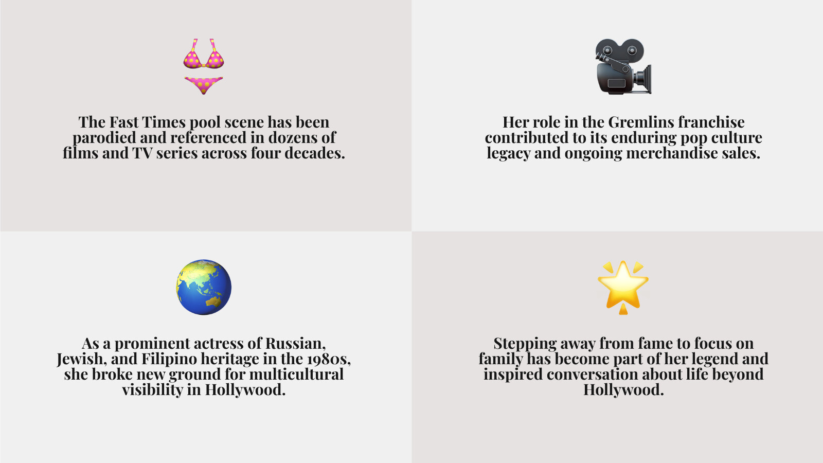 Infographic showing Phoebe Cates enduring cultural references including Fast Times pool scene parodies, Gremlins merchandise sales, magazine cover appearances, and social media mentions across decades - phoebe cates infographic 4_facts_emoji_grey