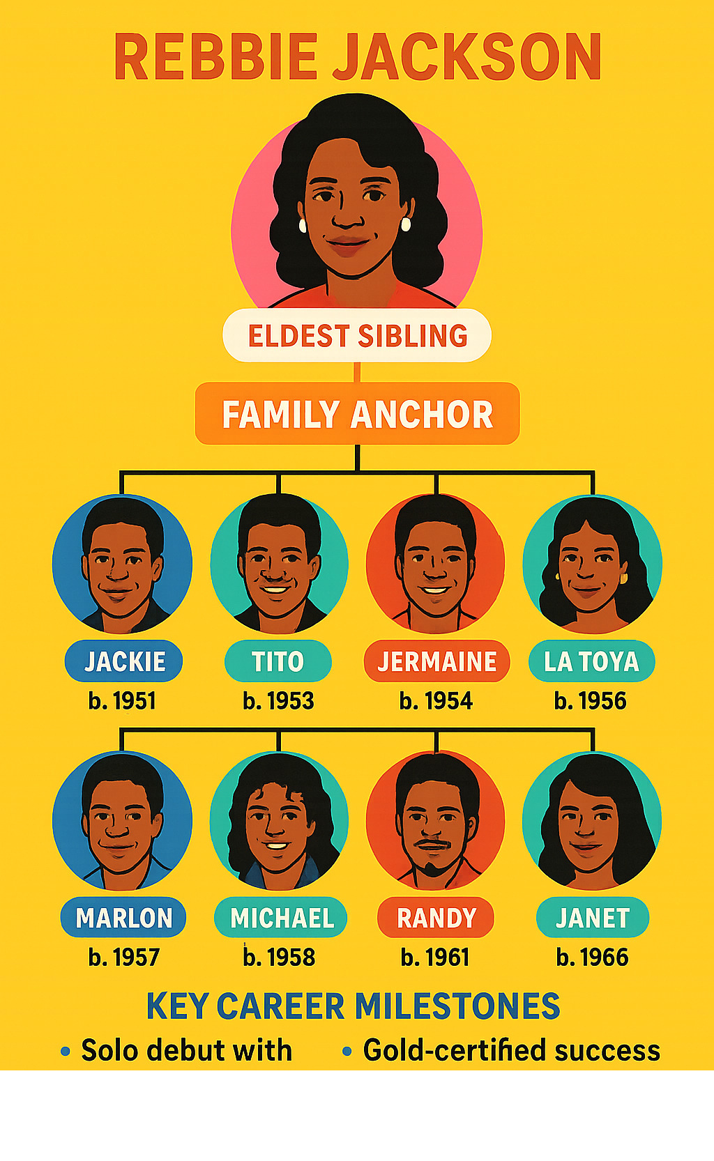 Infographic showing the Jackson family tree with Rebbie Jackson at the top as eldest sibling, followed by birth order of Jackie, Tito, Jermaine, La Toya, Marlon, Michael, Randy, and Janet, including key career milestones and Rebbie's role as family anchor - rebbie jackson infographic 