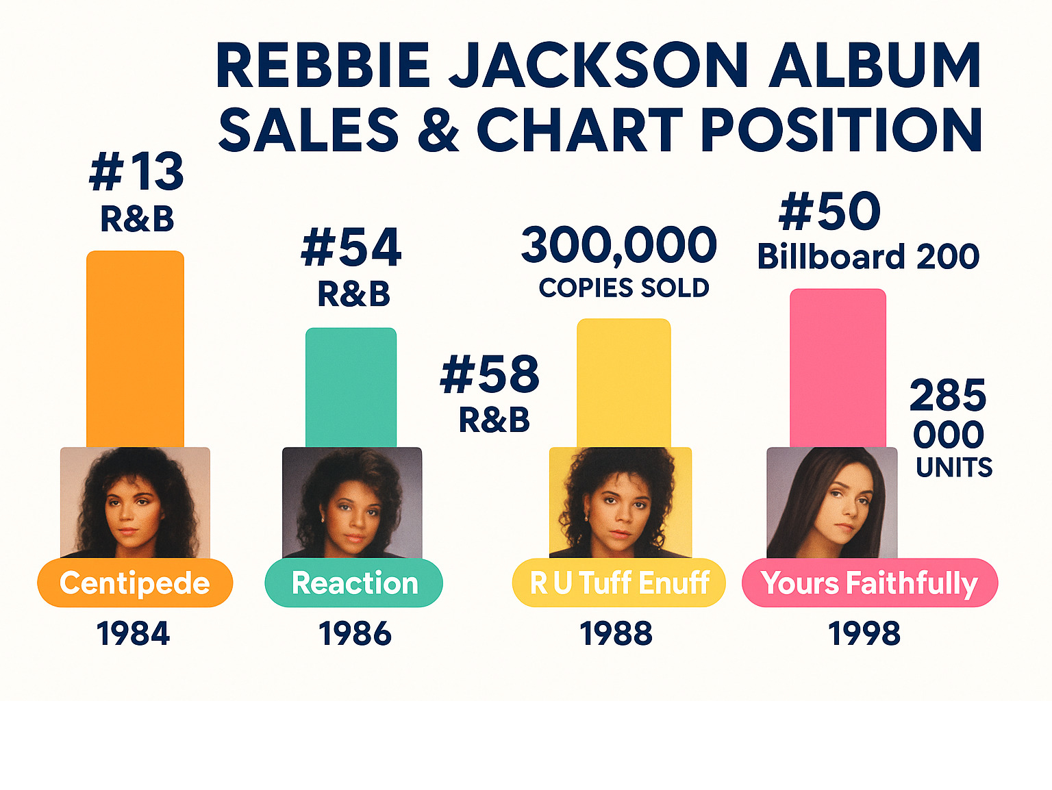 Infographic comparing Rebbie Jackson's album sales and chart positions: Centipede (1984) - #13 R&B, #63 Billboard 200; Reaction (1986) - #54 R&B; R U Tuff Enuff (1988) - #58 R&B, 300,000 copies sold; Yours Faithfully (1998) - #50 Billboard 200, #38 R&B, 285,000 units - rebbie jackson infographic 
