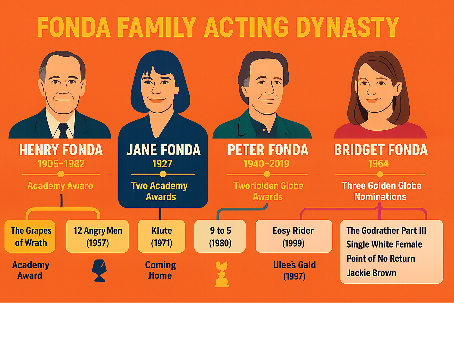 Detailed infographic showing the Fonda family acting dynasty timeline from Henry Fonda through Bridget Fonda, including major films, awards, and career milestones across three generations - bridget fonda infographic Detailed infographic showing the Fonda family acting dynasty timeline from Henry Fonda through Bridget Fonda, including major films, awards, and career milestones across three generations - bridget fonda infographic