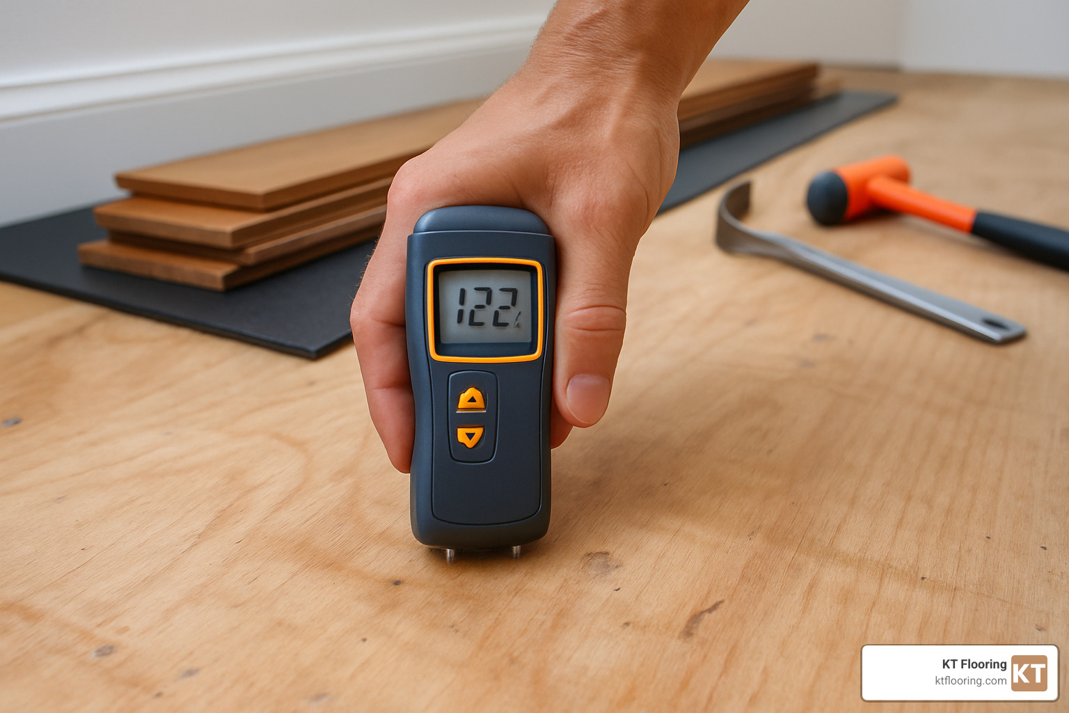 moisture meter testing subfloor before installation - hardwood floor contractor acton ma