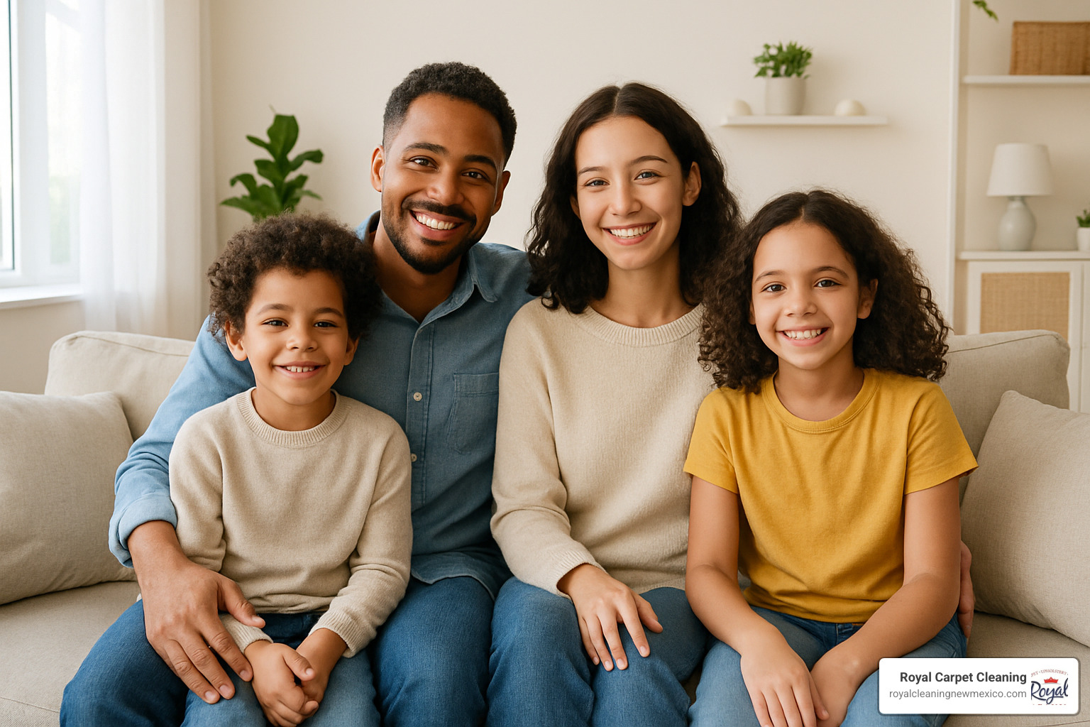 family relaxing in fur-free living room - pet hair removal service