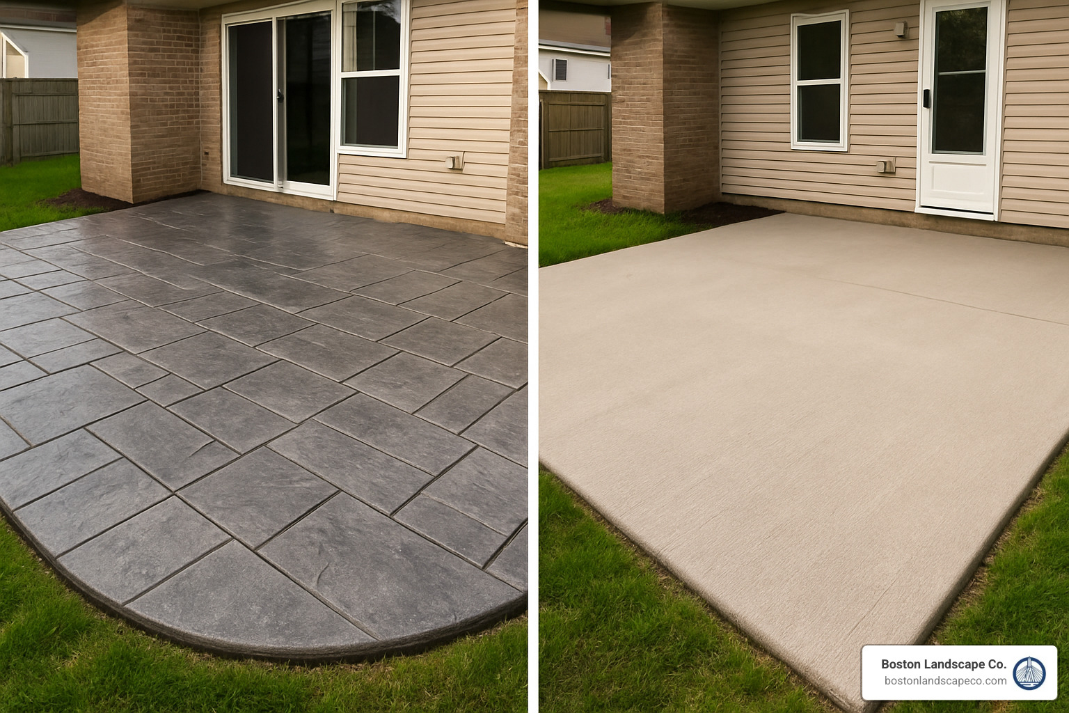 Side-by-side comparison of stamped concrete patio with slate pattern next to traditional broom finish concrete patio, showing texture and visual differences - Concrete patio specialists
