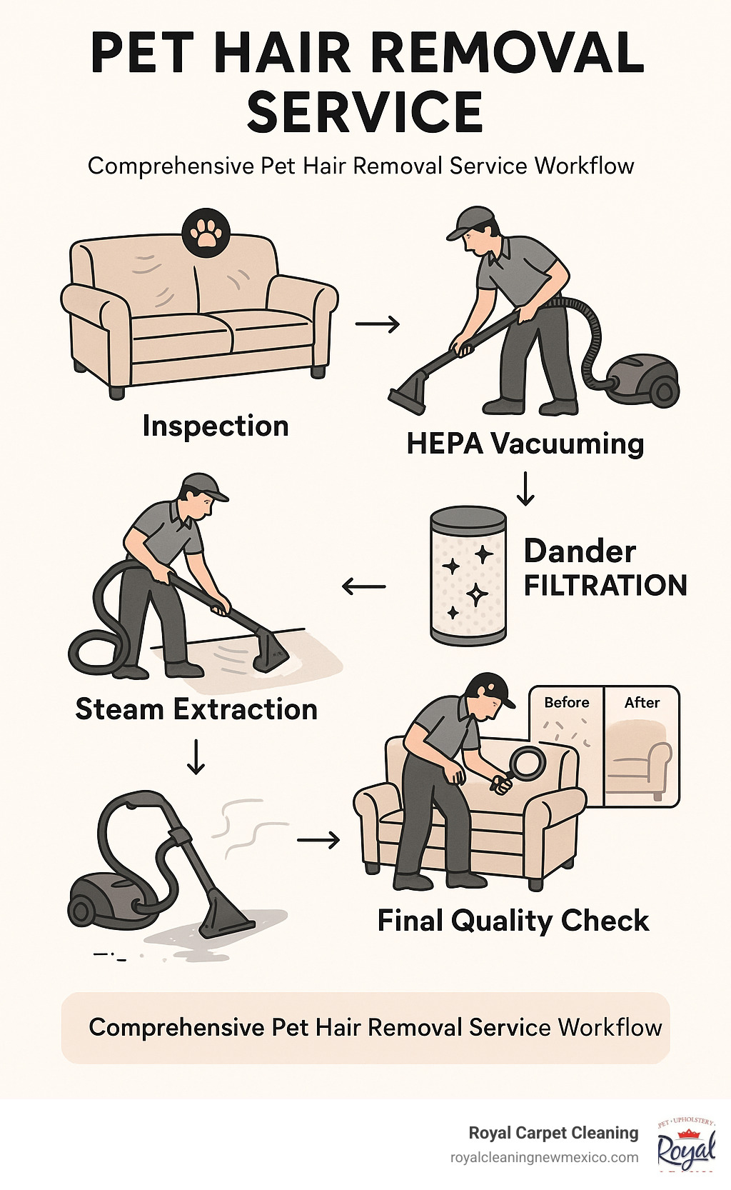 Comprehensive pet hair removal service workflow showing inspection, HEPA vacuuming, steam extraction, dander filtration, and final quality check with before/after results - pet hair removal service infographic 