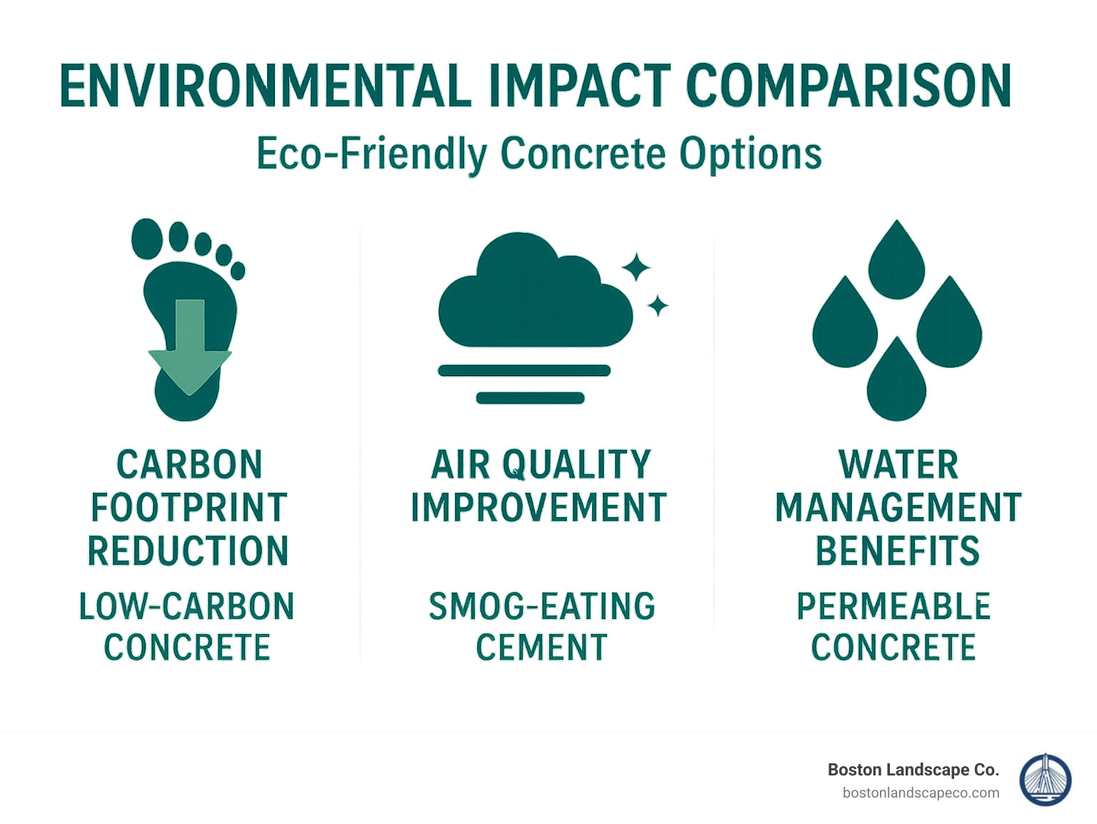 Environmental impact comparison showing carbon footprint reduction, air quality improvement, and water management benefits of eco-friendly concrete options - Concrete patio specialists infographic 