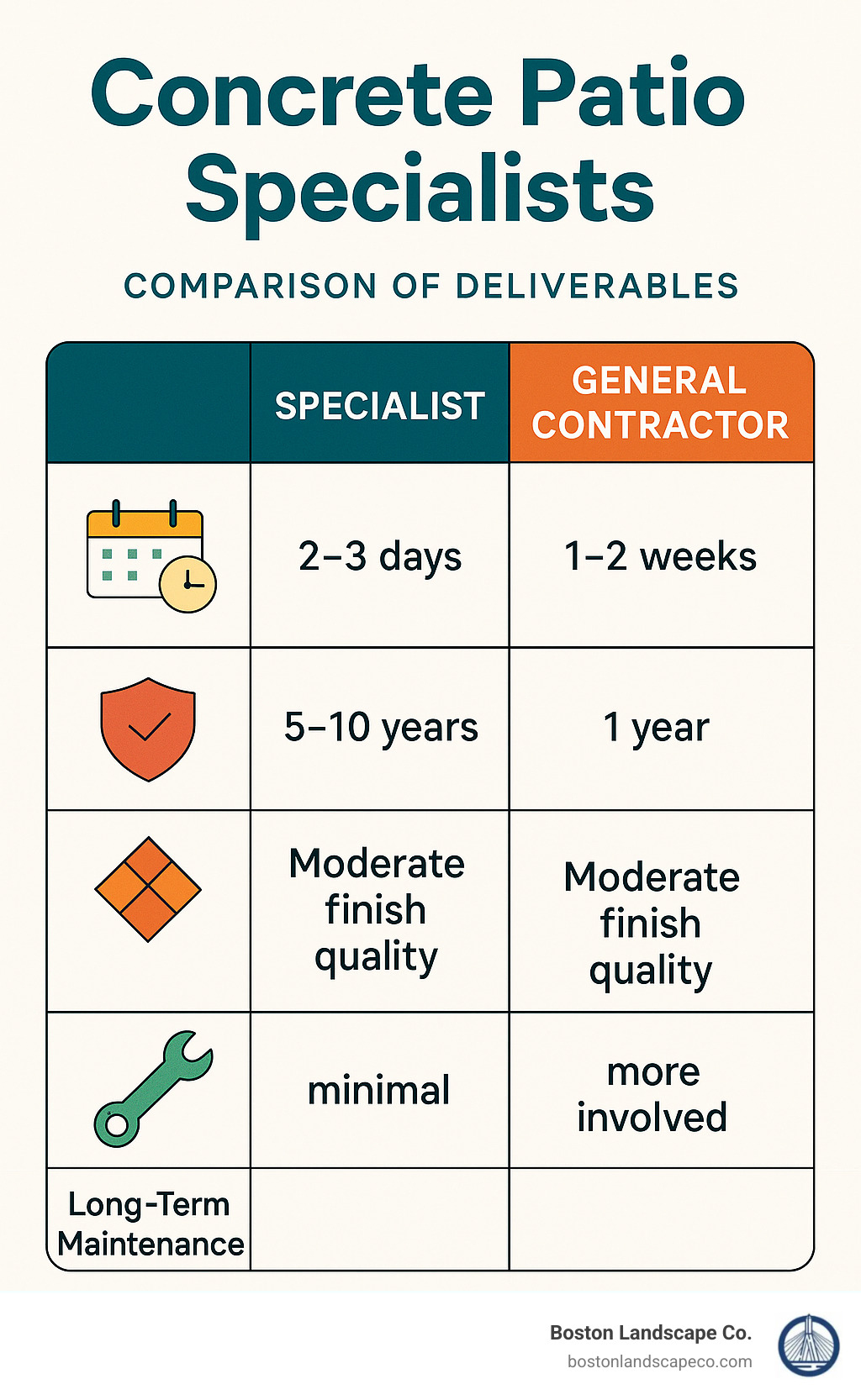 Comparison chart showing specialist vs general contractor deliverables including timeline, warranty coverage, finish quality, and long-term maintenance requirements - Concrete patio specialists infographic 